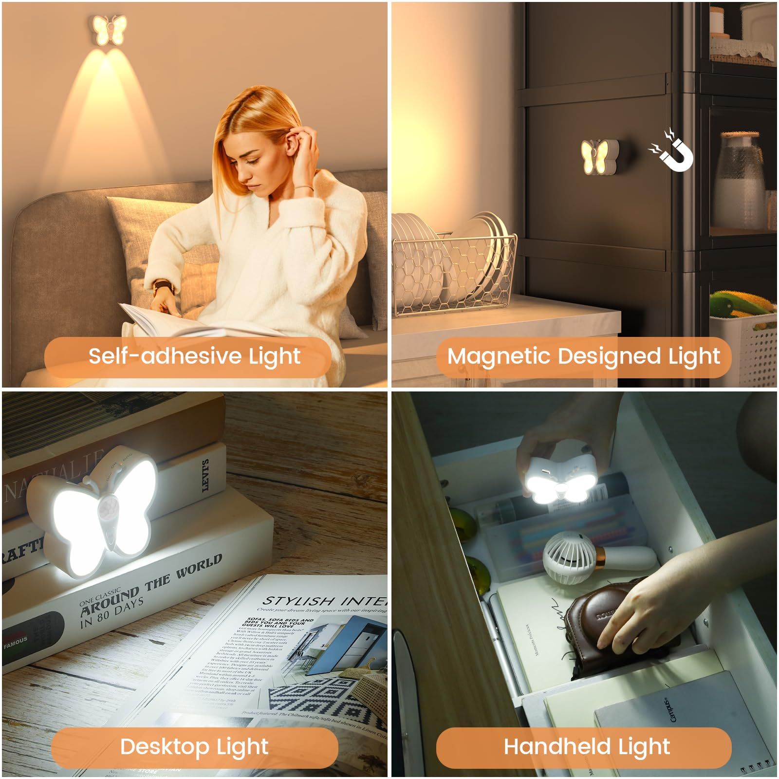 Vier Bilder zeigen schmetterlingsförmige Lichter in verschiedenen Umgebungen: Schreibtisch, Schublade, Wand.