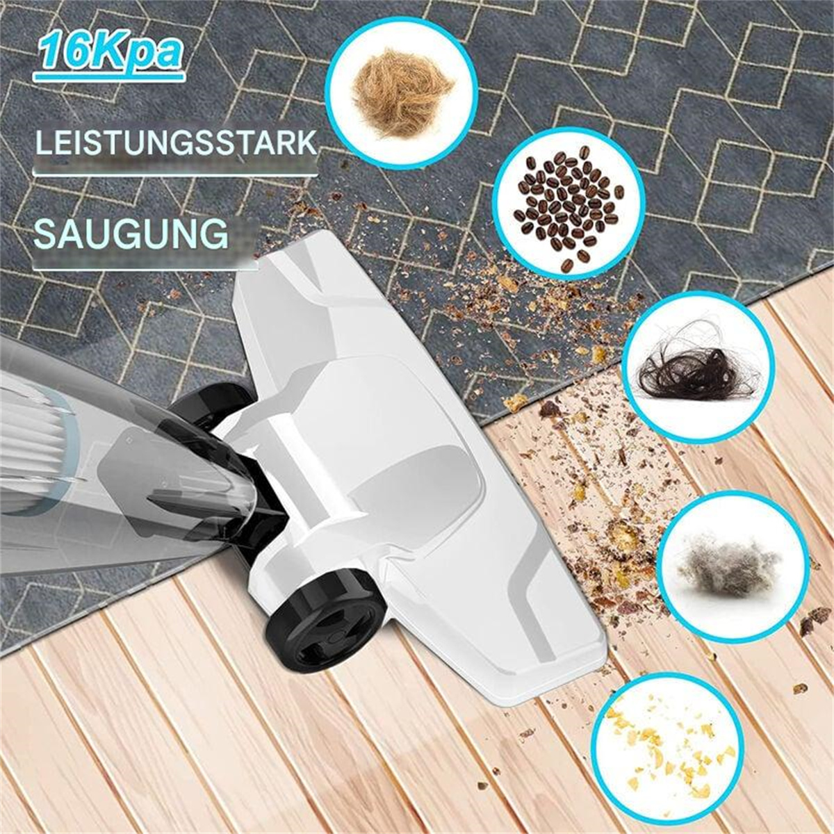 Staubsaugerkopf auf Holzboden mit Schmutz. Kreise zeigen Haare, Staub und Kaffeebohnen. Text: 16KPa Saugkraft.