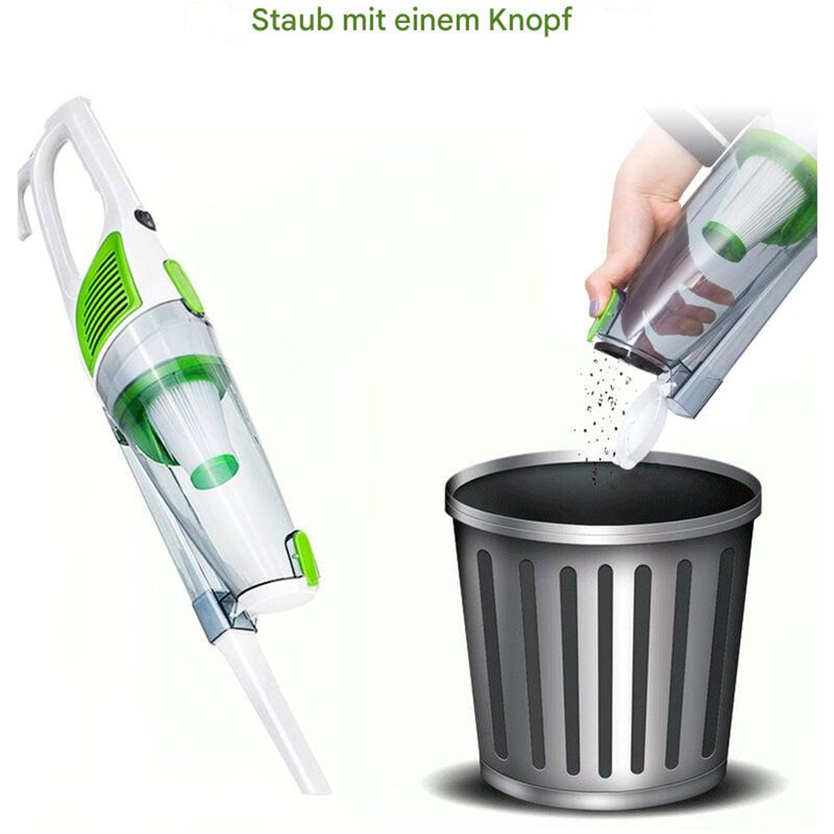 Handstaubsauger und ein Mülleimer. Staub wird in den Eimer entleert. Text: "Staub mit einem Knopf".