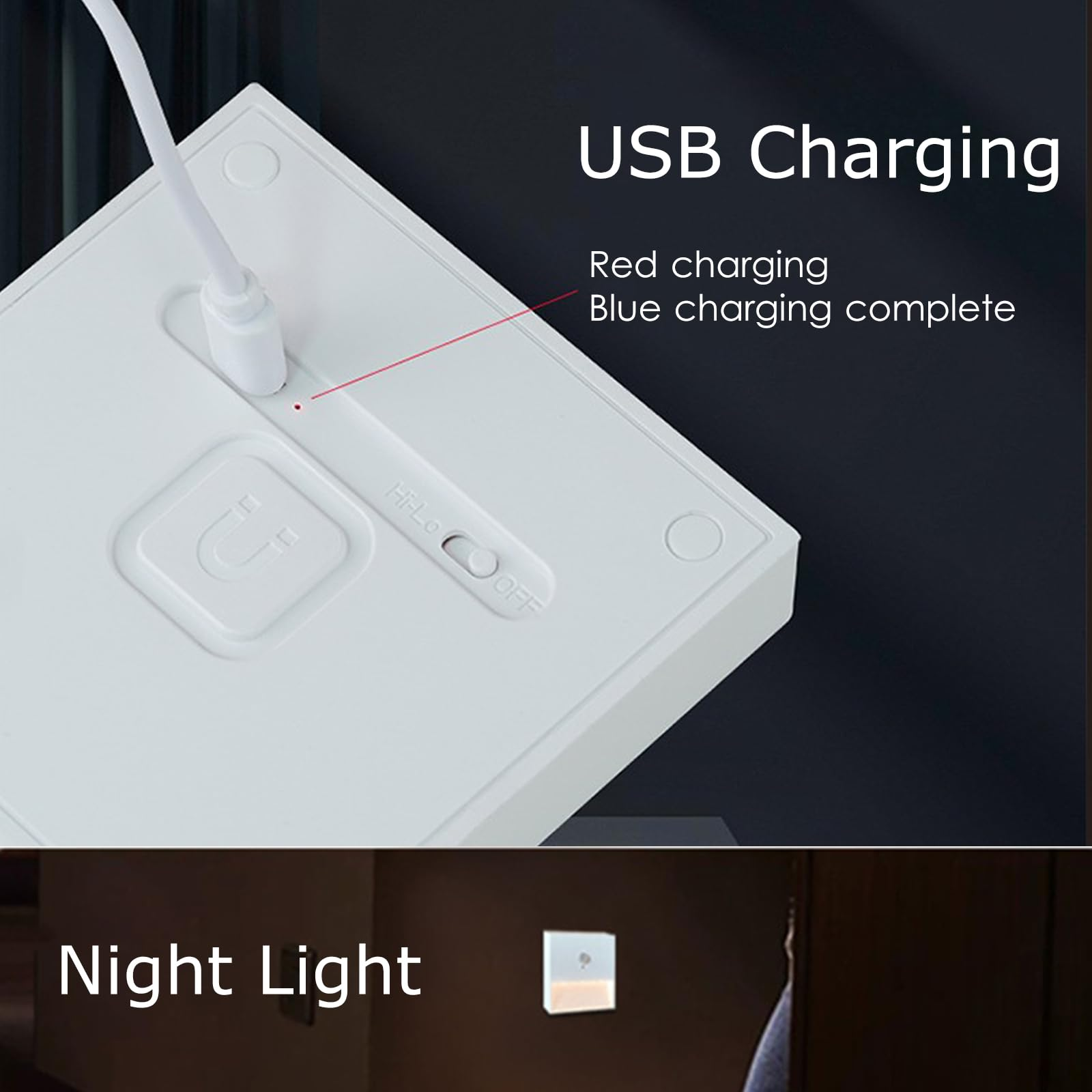 Ein weißes Gerät mit einem USB-Ladeanschluss und einem Schalter. Es wird mit einem roten Licht geladen.