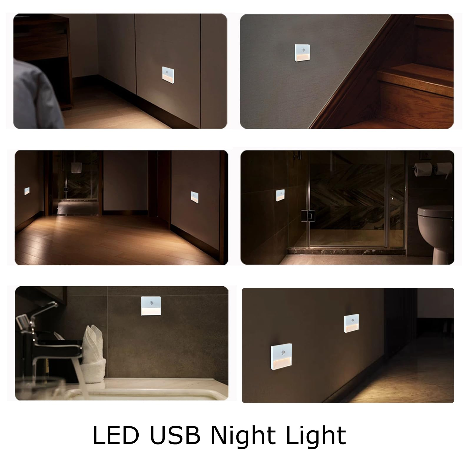 Mehrere Bilder von LED-Nachtlichtern, die in verschiedenen Bereichen eines Hauses installiert sind. Der Text lautet LED USB Nachtlicht.