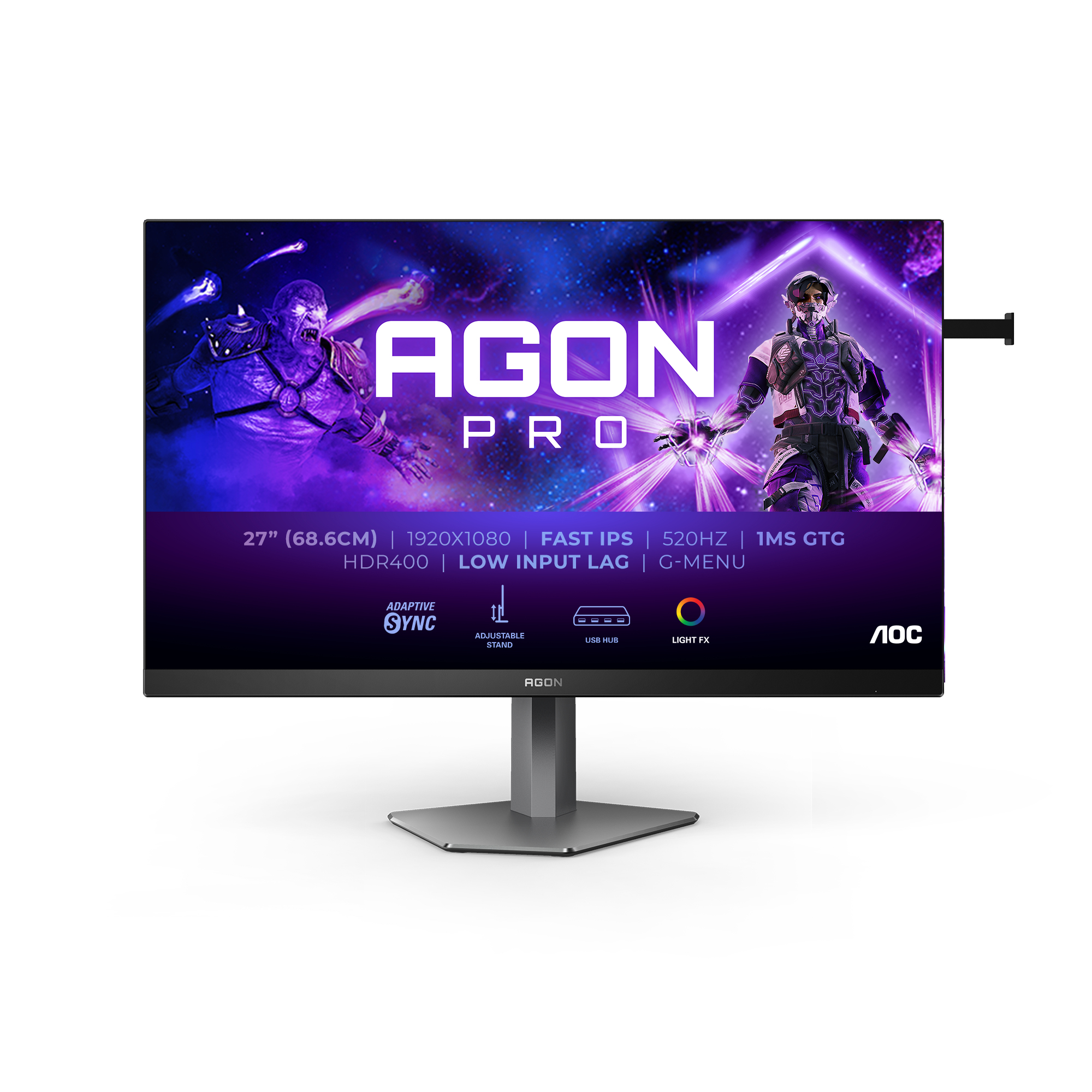 Un monitor de computadora con una imagen vibrante. Tiene soporte, marco negro y etiquetas técnicas.