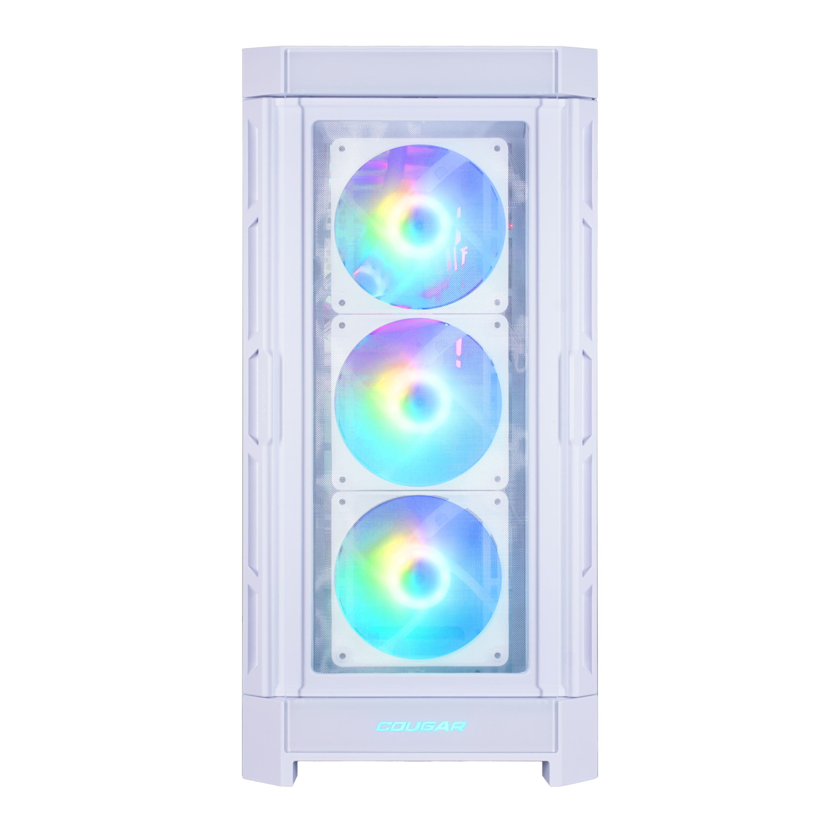 Ein weißes Computergehäuse mit drei Lüftern, die durch eine Glasscheibe sichtbar sind.