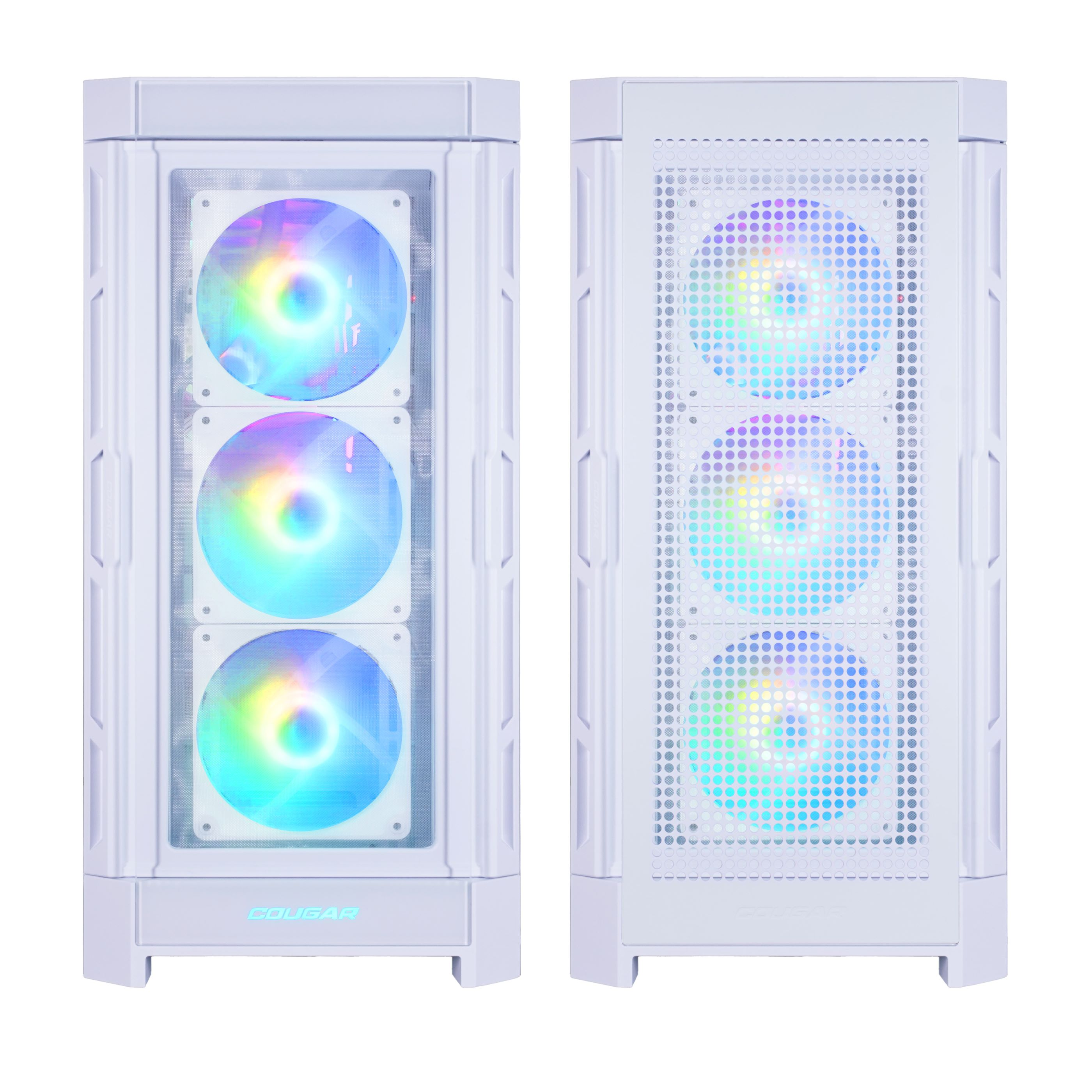 Zwei weiße Computergehäuse mit regenbogenfarbenen Lüftern.