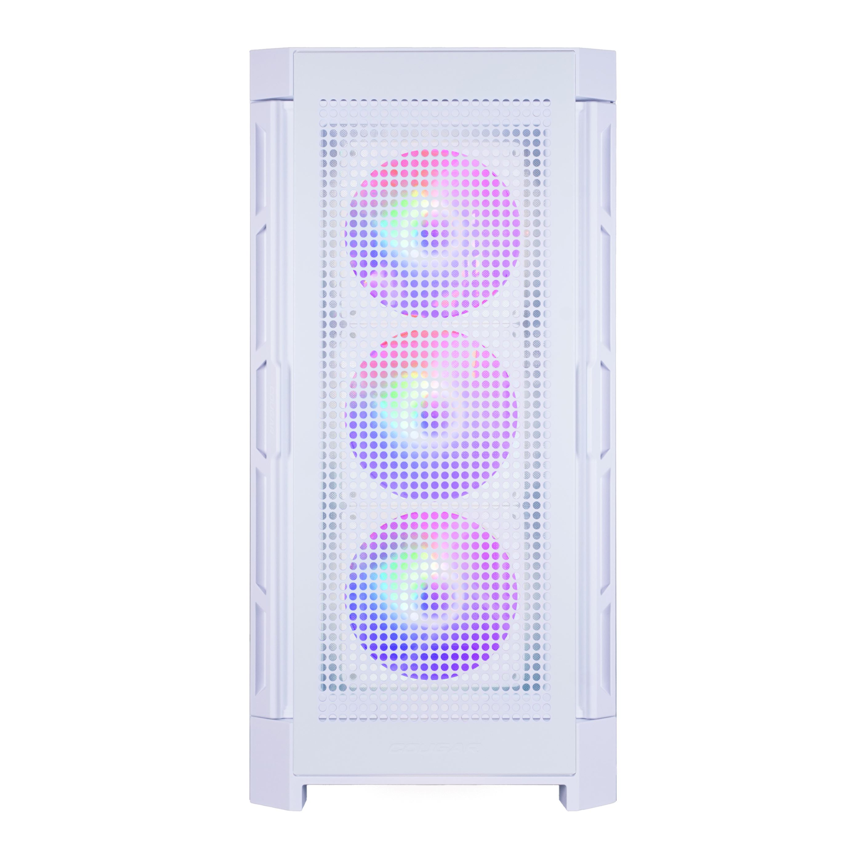 Ein weißes Computergehäuse mit drei Lüftern. Weißes Gehäuse, Lüfter, farbige Lichter.