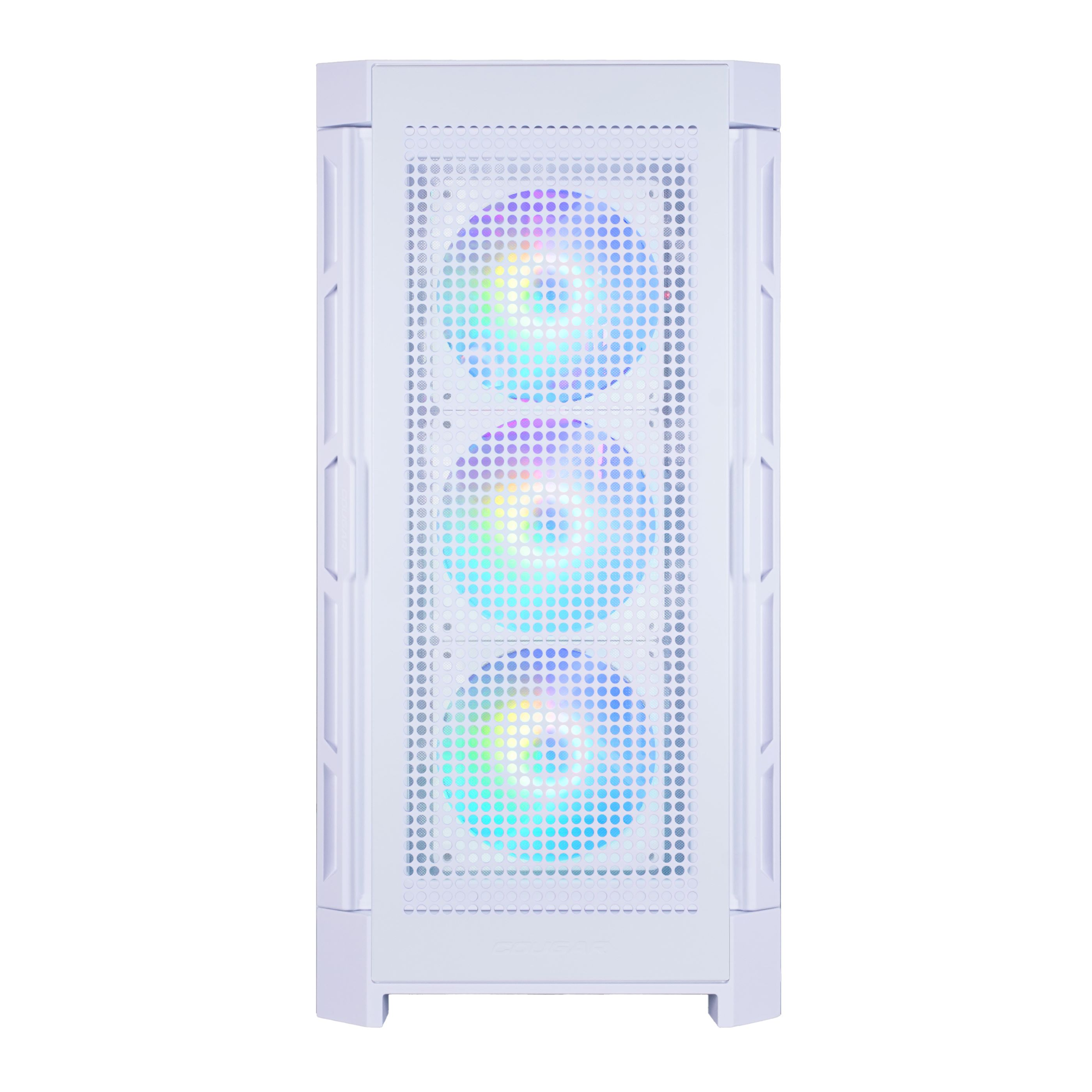 Weißes Computergehäuse mit drei farbigen Lüftern, die durch eine Mesh-Front sichtbar sind. Die Lüfter haben LEDs.
