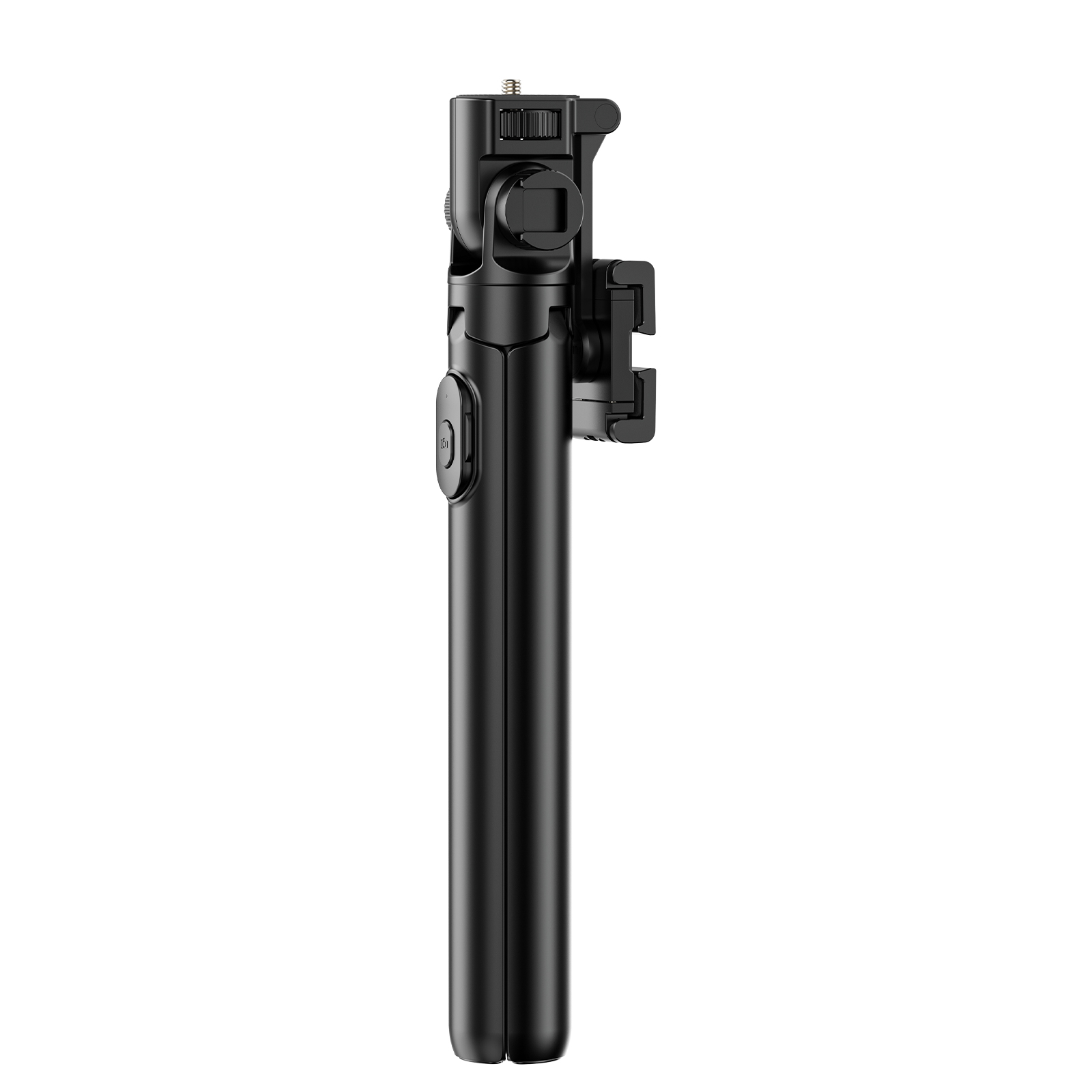 Zwarte selfiestick/statief, uitgeschoven, met een telefoonhouder.