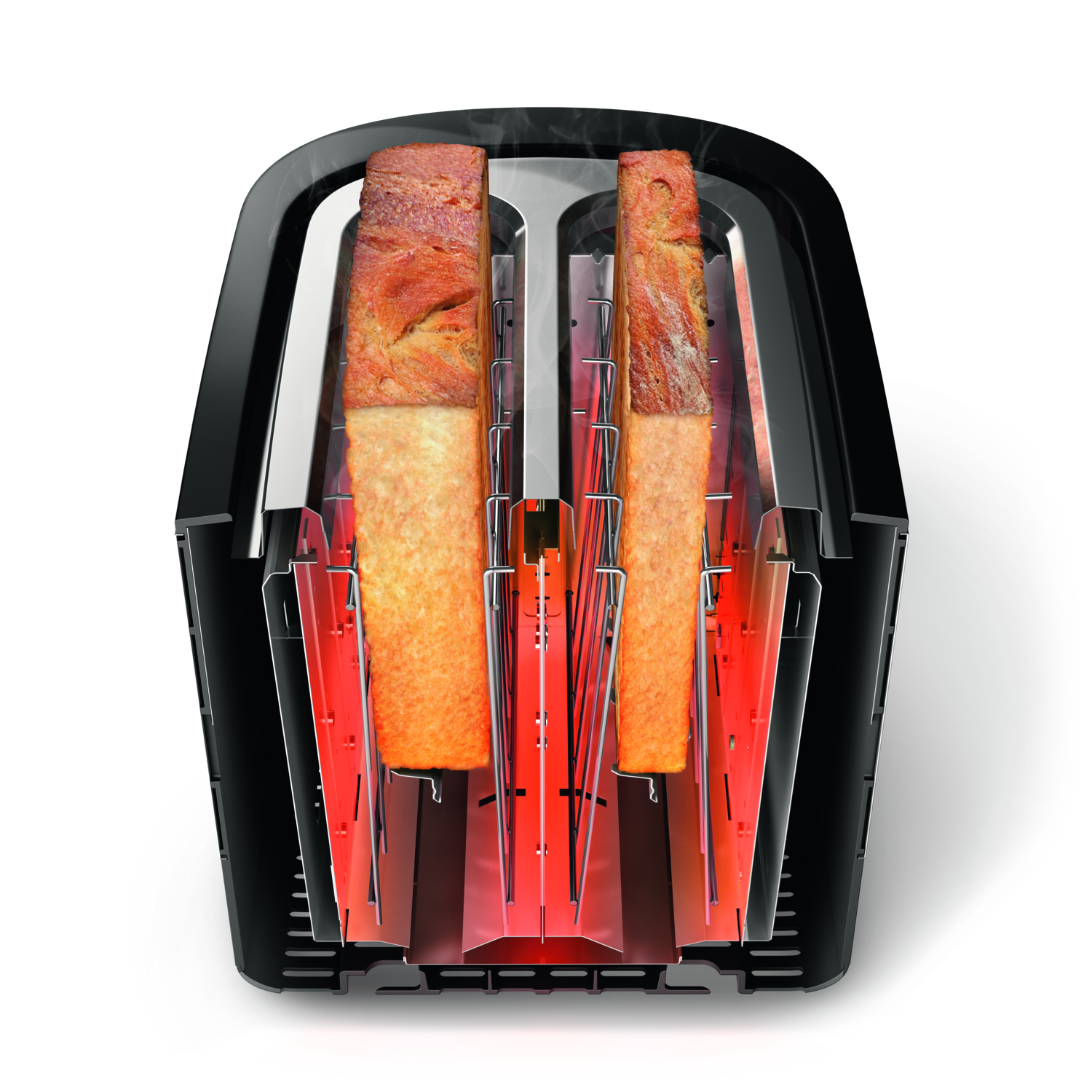 Tostapane nero con due fette di pane tostato. Elementi riscaldanti rossi visibili all'interno. Vapore che sale.