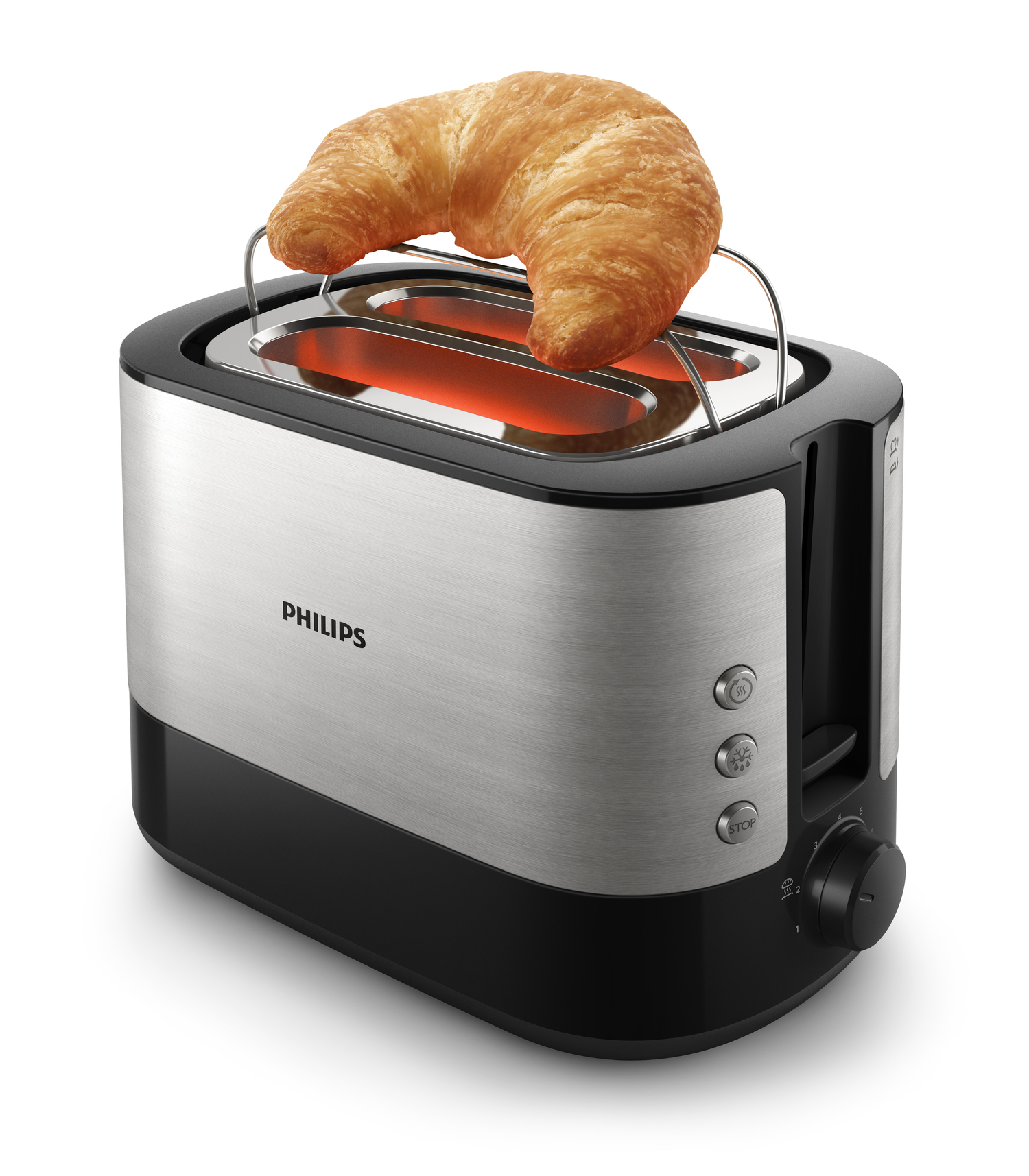 Un tostapane Philips argento e nero con un croissant sopra. Gli elementi riscaldanti sono incandescenti di arancione.