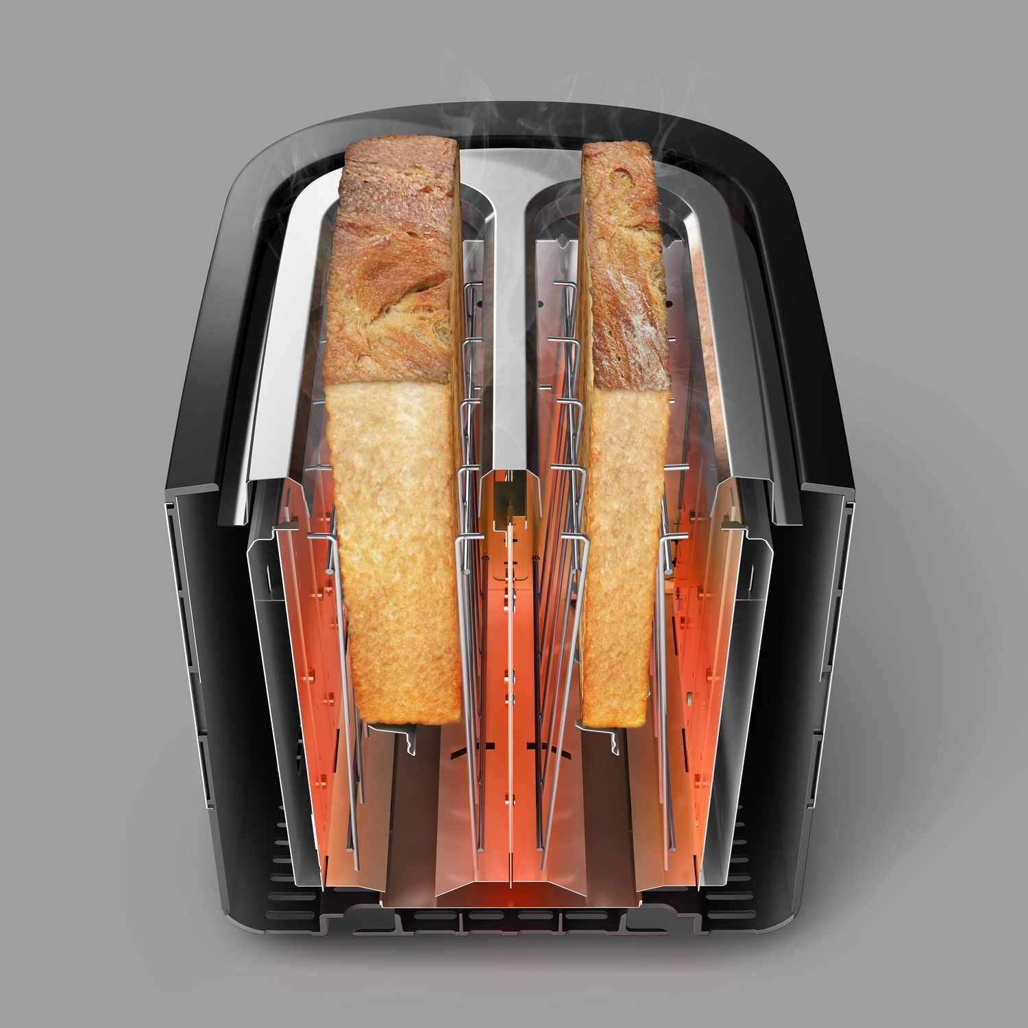 Tostapane con fette di pane all'interno, evidenziate da elementi riscaldanti interni. Esterno nero, sfondo grigio.