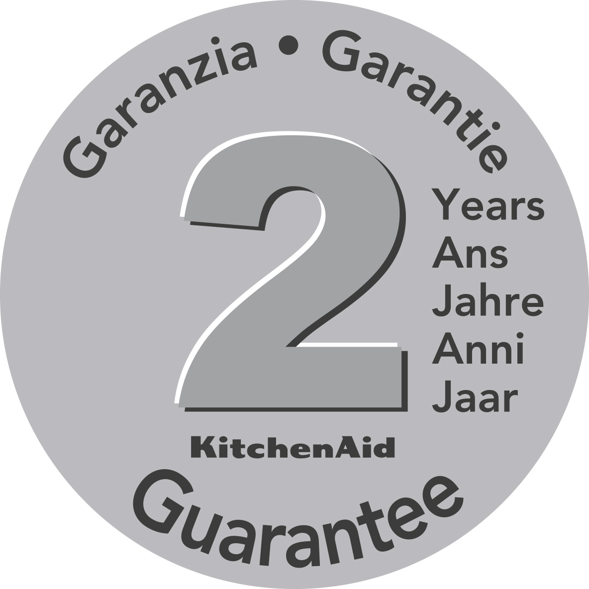 Szare koło z białą cyfrą 2, otoczone tekstem, a pod spodem napis KitchenAid Guarantee.