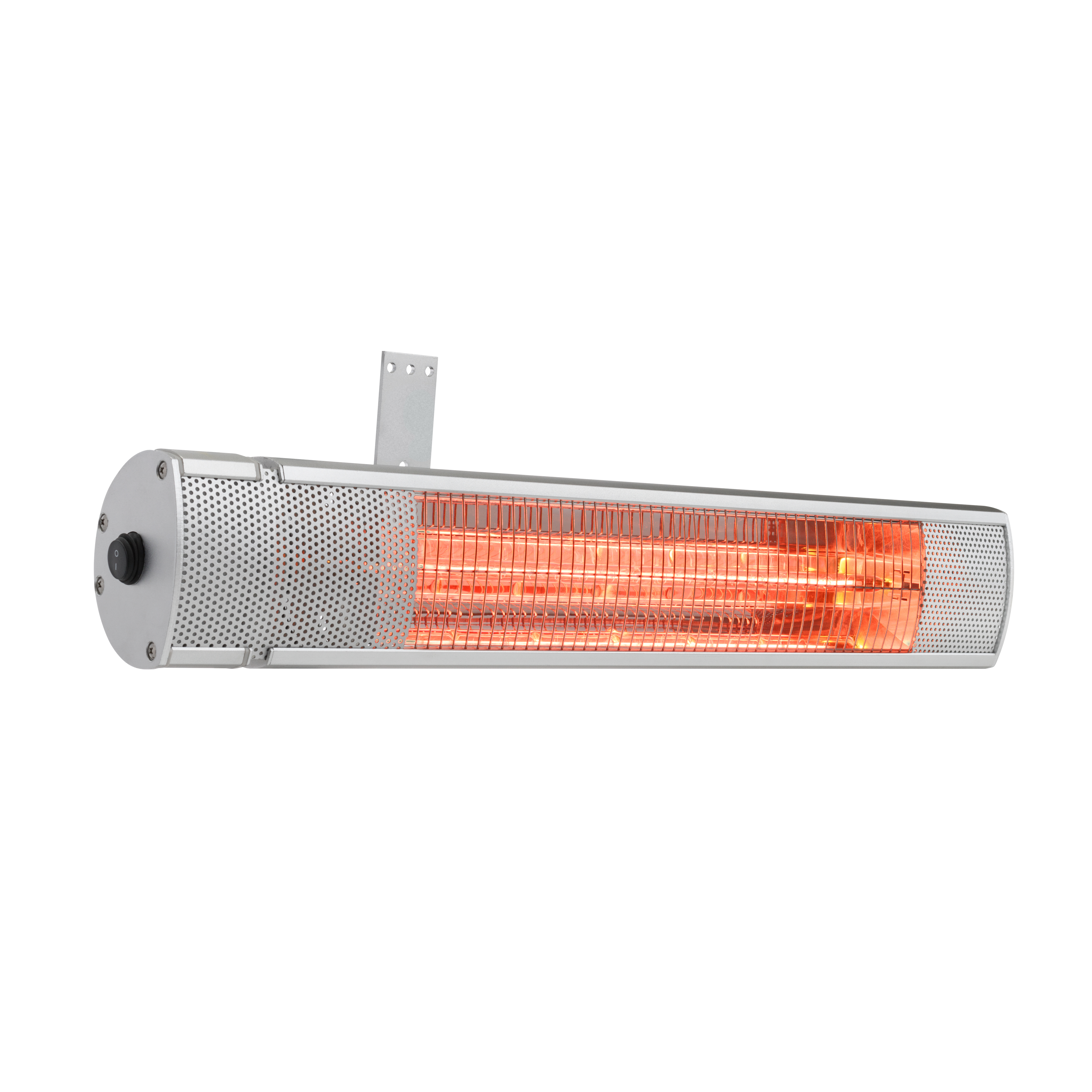 Infrarotheizung, silberfarben, mit rotem Licht.