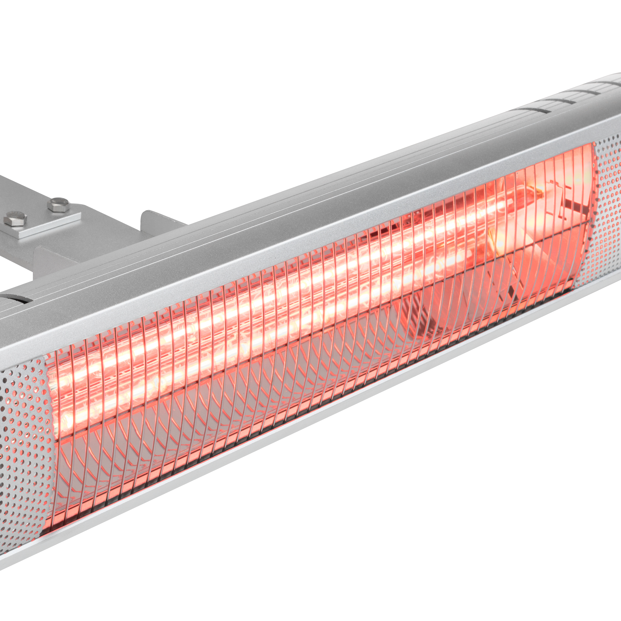 Silbernes Heizelement mit rotem Licht. Weißer Hintergrund.