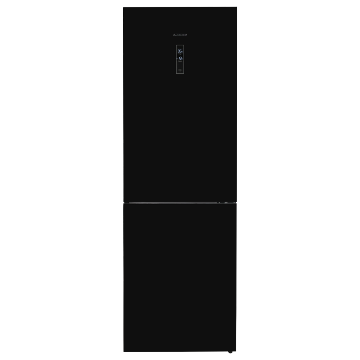 Un refrigerador negro con dos puertas. La marca y la pantalla de temperatura están en la parte delantera.