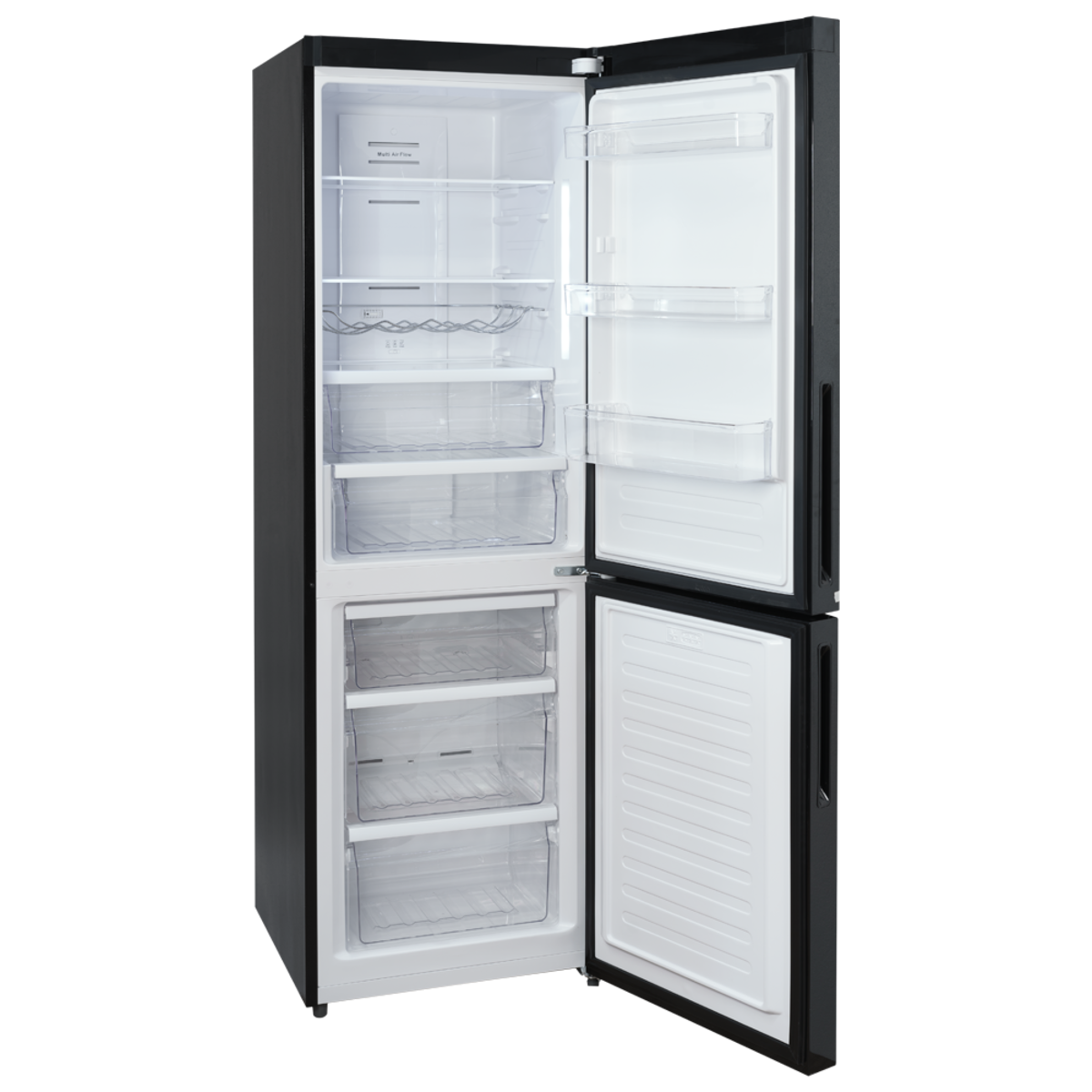 Refrigerador negro con puertas abiertas. El interior muestra estantes, cajones y paredes blancas.