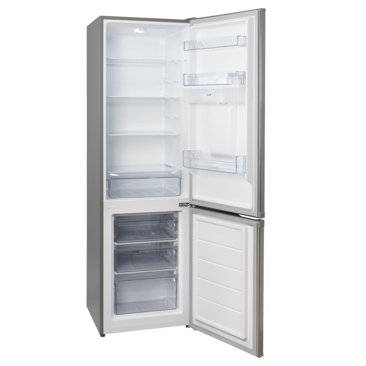 Un refrigerador plateado con la puerta abierta, mostrando estantes, cajones e iluminación interior.