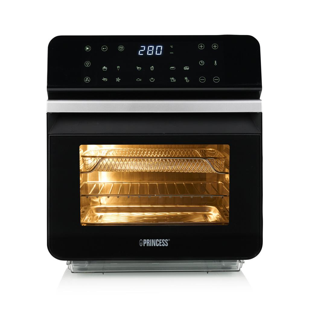 Un horno freidora de aire negro con una pantalla digital. El interior tiene una cesta de metal y luz.