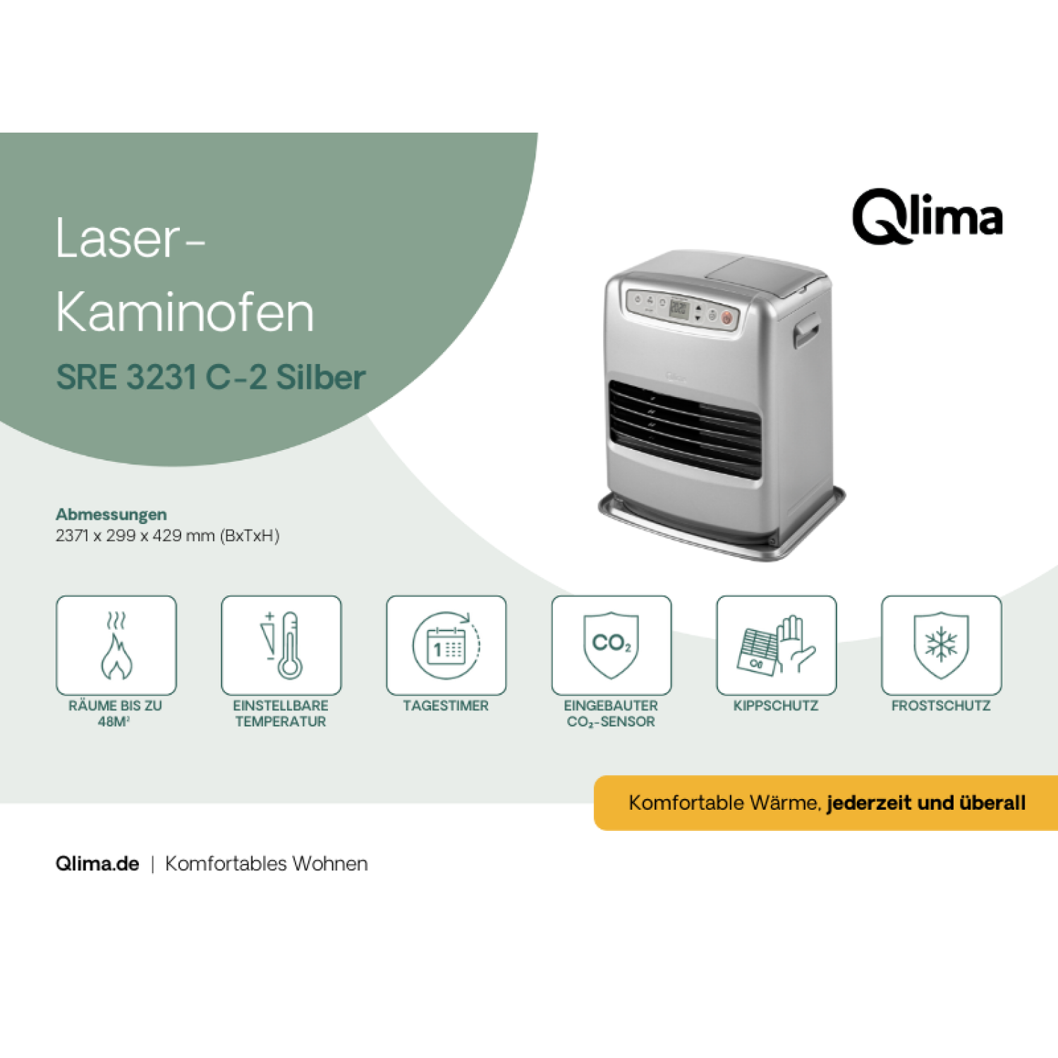 Srebrny grzejnik laserowy Qlima z panelem sterowania, ikonami i nazwą marki na białym tle.