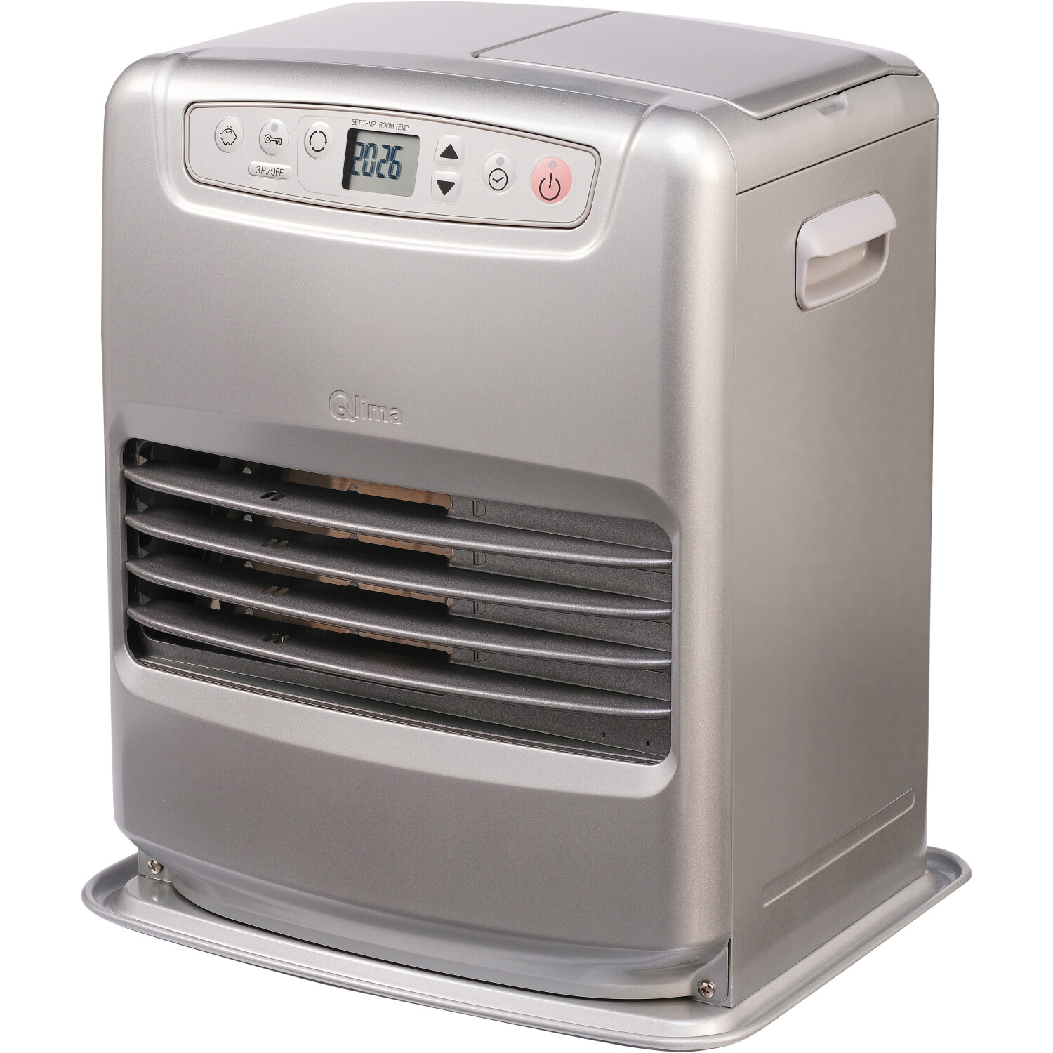 Srebrny grzejnik z wyświetlaczem cyfrowym, otworami wentylacyjnymi i uchwytem. Na podstawie.