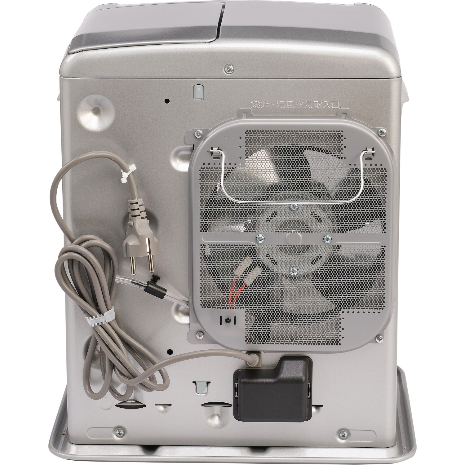 Tył srebrnego grzejnika z widocznym wentylatorem i przewodem zasilającym.