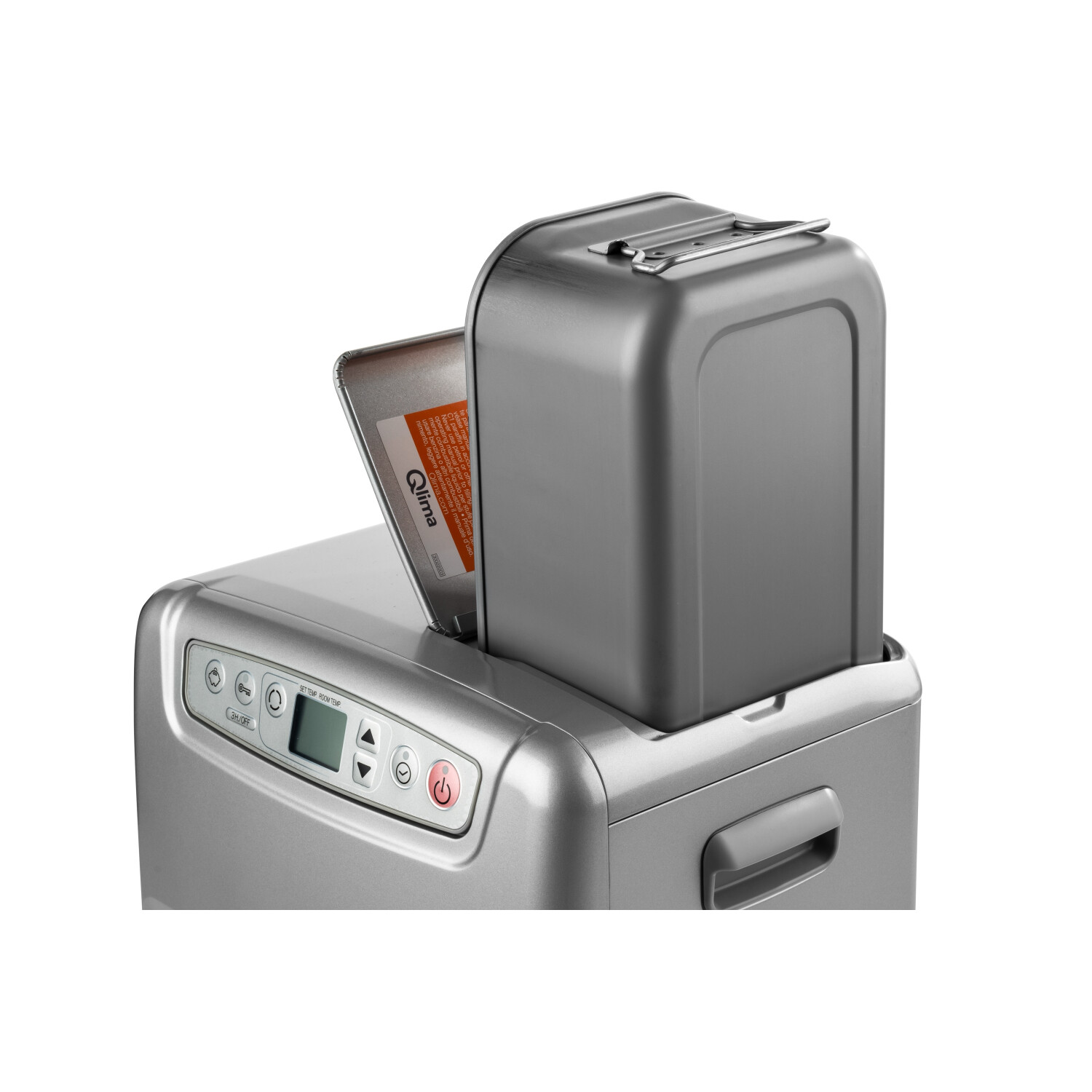 Metaliczna srebrna maszyna do chleba ze srebrną pokrywą, otwarta, aby pokazać blachę do pieczenia. Białe tło.