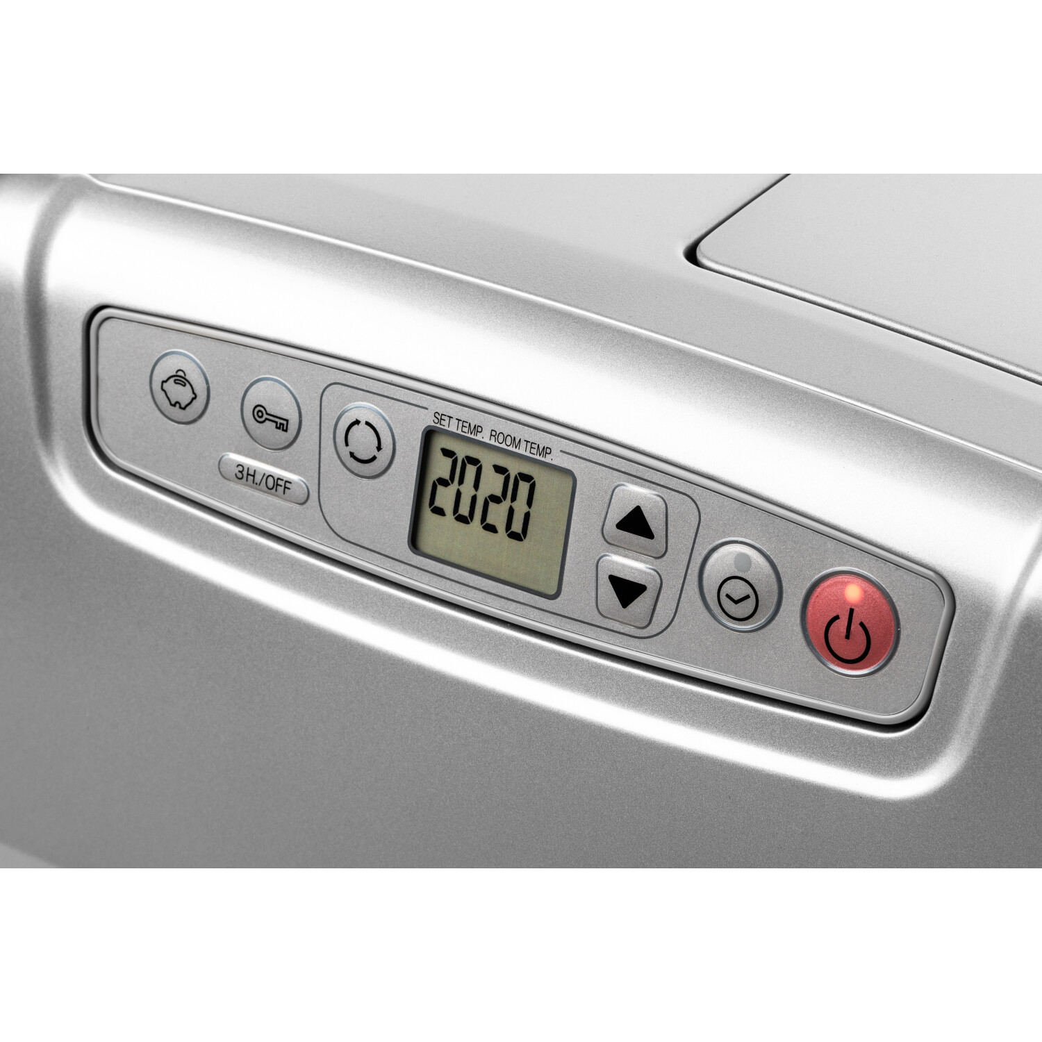 Srebrny panel sterowania urządzenia z wyświetlaczem cyfrowym, przyciskami i podświetlanym przyciskiem zasilania.
