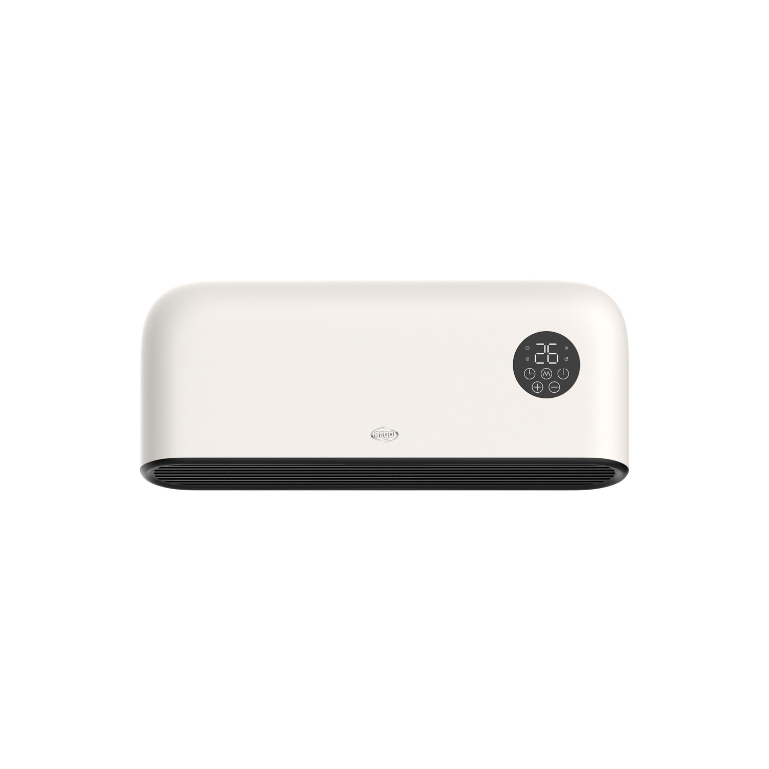 Termoventilatore bianco a parete con bocchetta nera e display digitale.