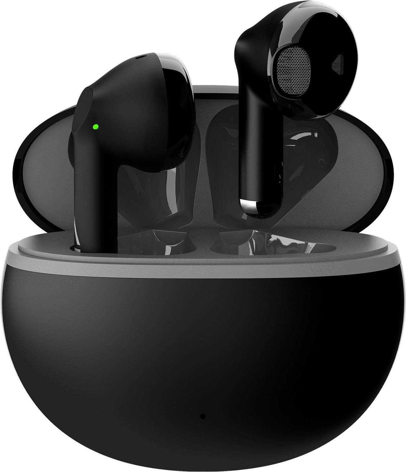 Auricolari wireless neri in una custodia di ricarica, aperta.