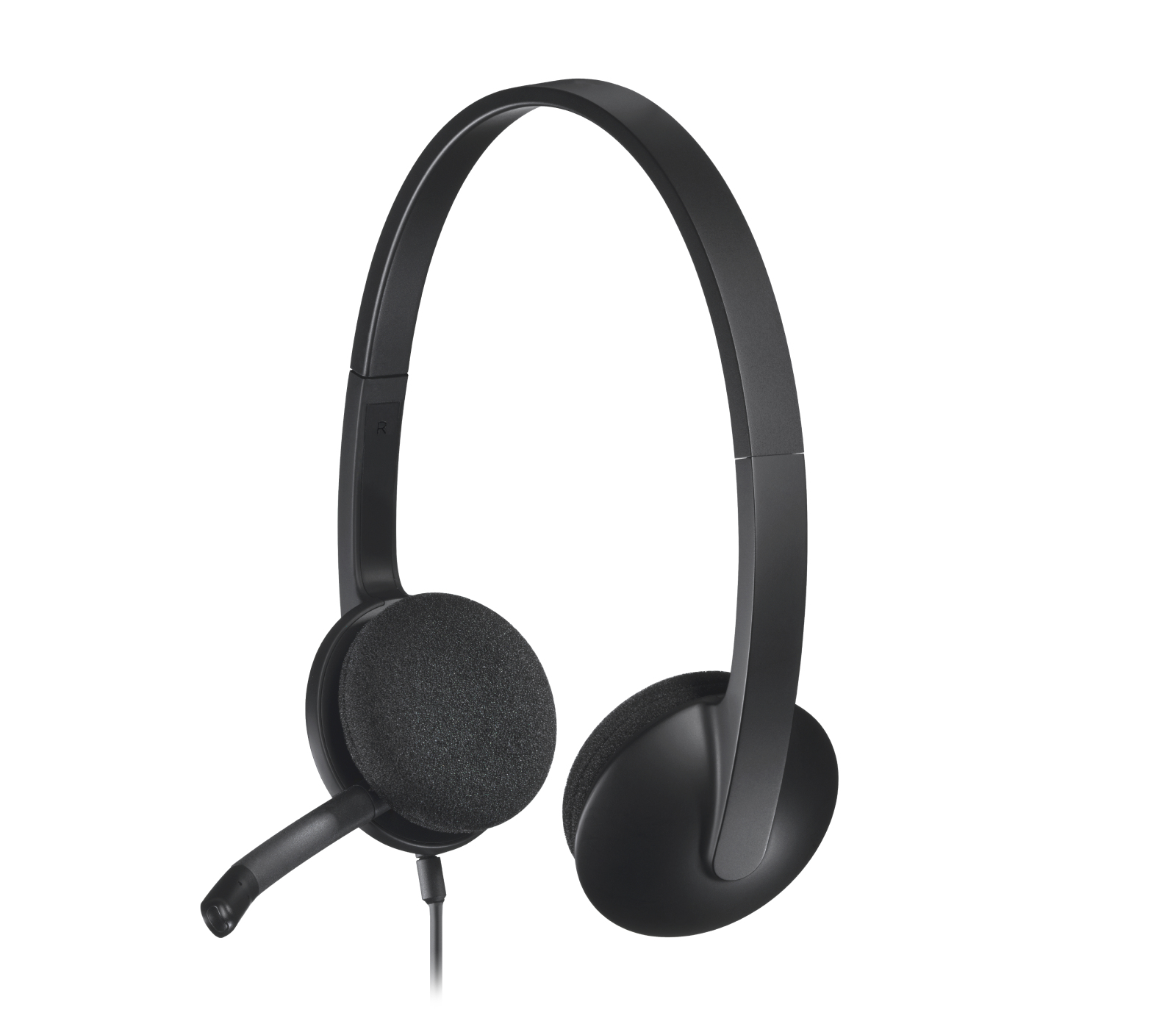 Cuffie nere con microfono. Le cuffie hanno due padiglioni auricolari e un braccio microfonico.