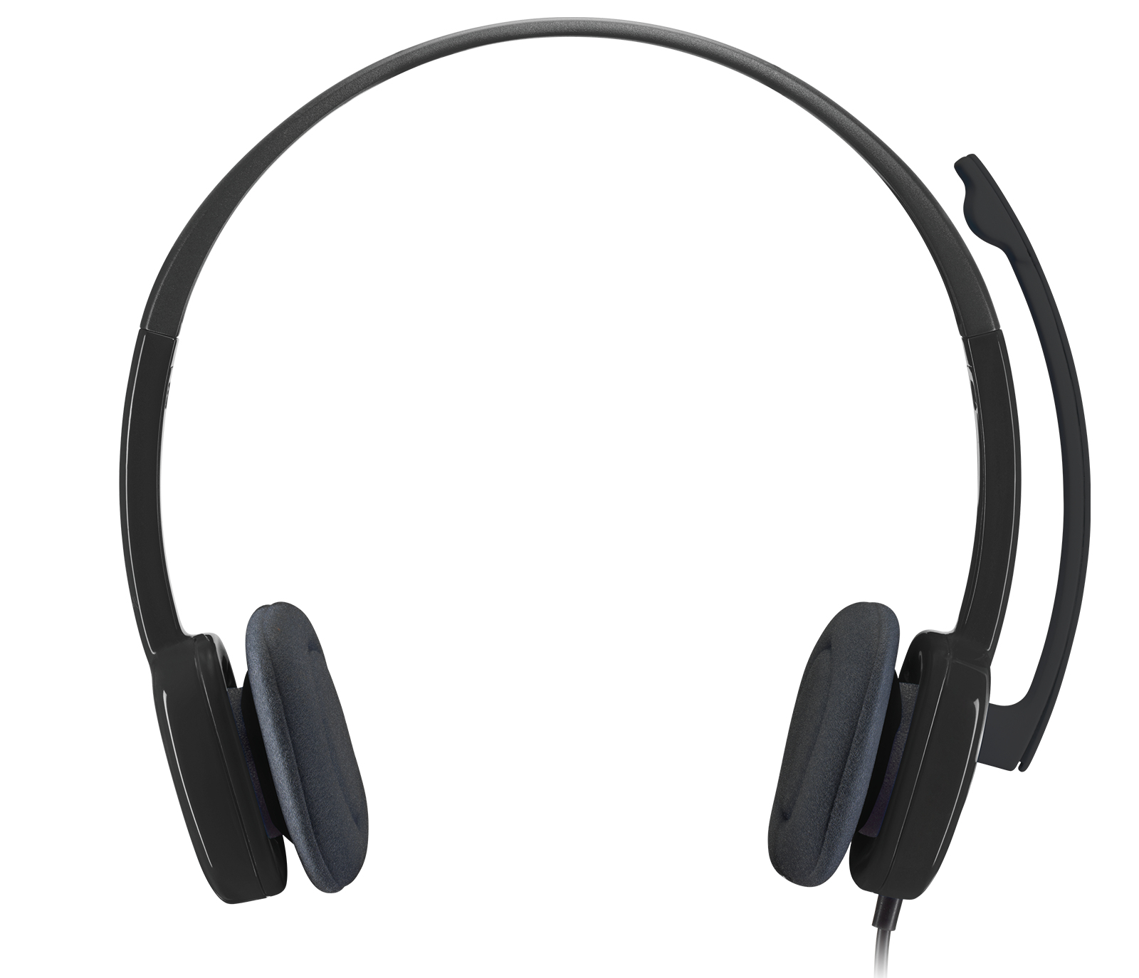 Cuffie nere con microfono. Due padiglioni auricolari e un braccio microfonico flessibile. Sfondo bianco.