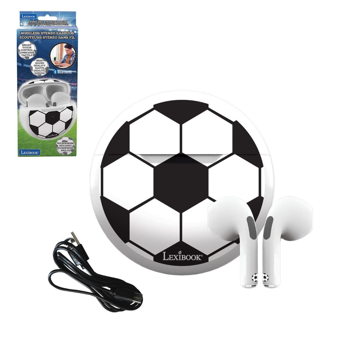 Eine weiß-schwarze, fußballförmige Hülle und zwei weiße Ohrhörer mit einem schwarzen Fußball.