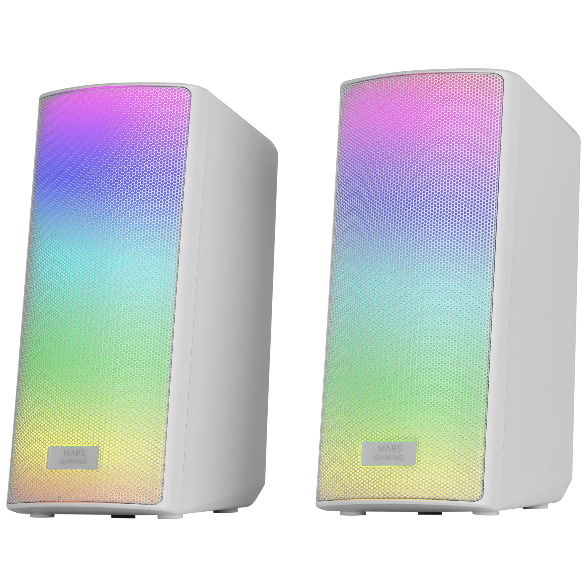 Dwa białe głośniki z podświetleniem RGB, każdy z logo Mars Gaming.