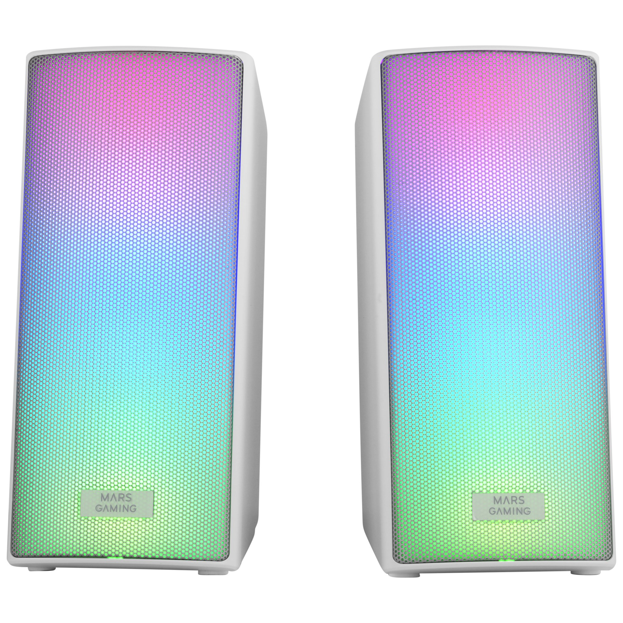 Dwa białe głośniki z kolorowymi gradientowymi frontami. Widoczne logo Mars Gaming.