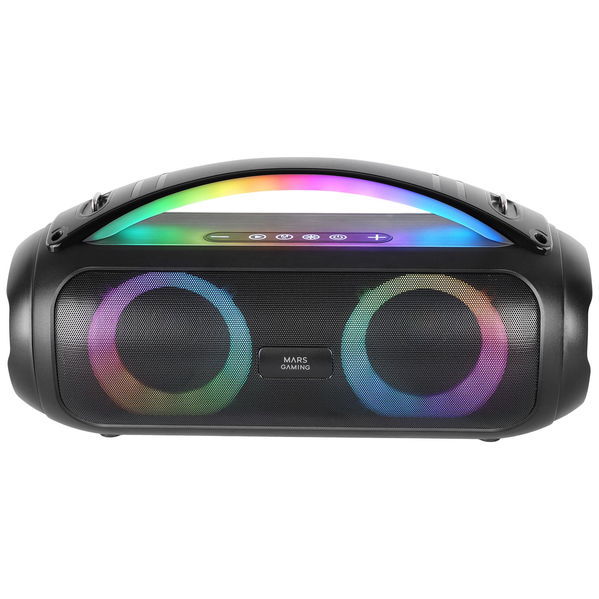 Czarny głośnik Mars Gaming z kolorowymi światłami LED, uchwytem i przyciskami sterowania na górze.