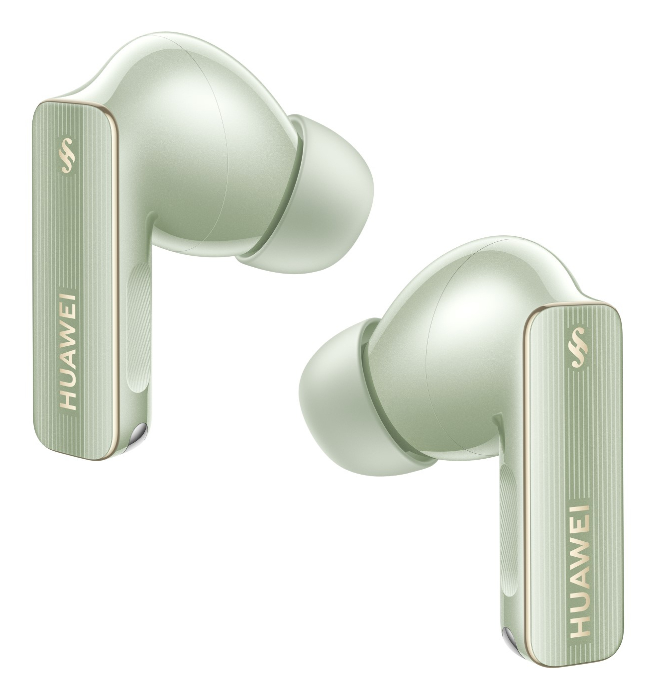 Dos auriculares Huawei verde claro, vista en ángulo, listos para usar.