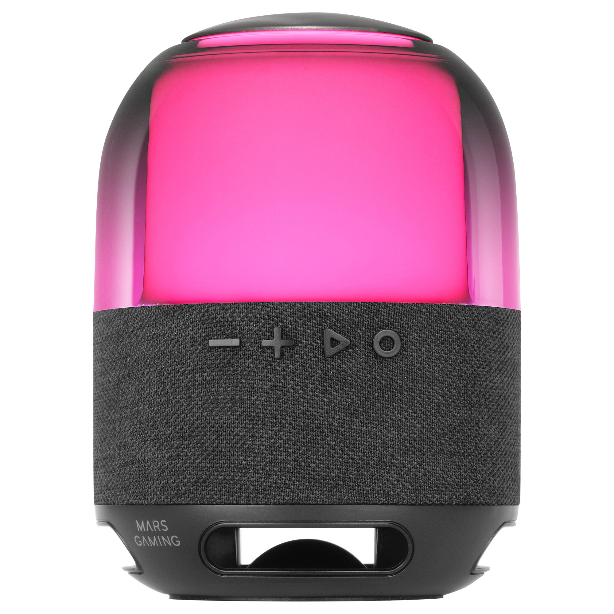 Czarny i szary głośnik z różowym i fioletowym światłem. Białe tło.