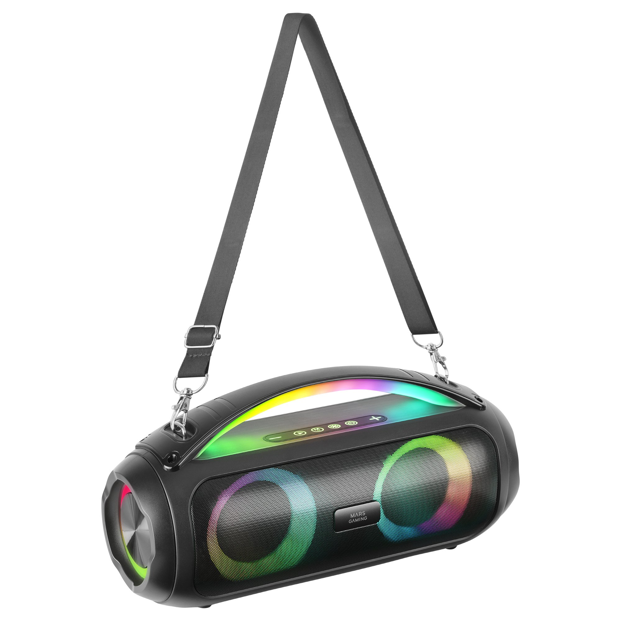 Czarny głośnik z paskiem do noszenia, kolorowymi światłami i napisem 'MARS GAMING'.