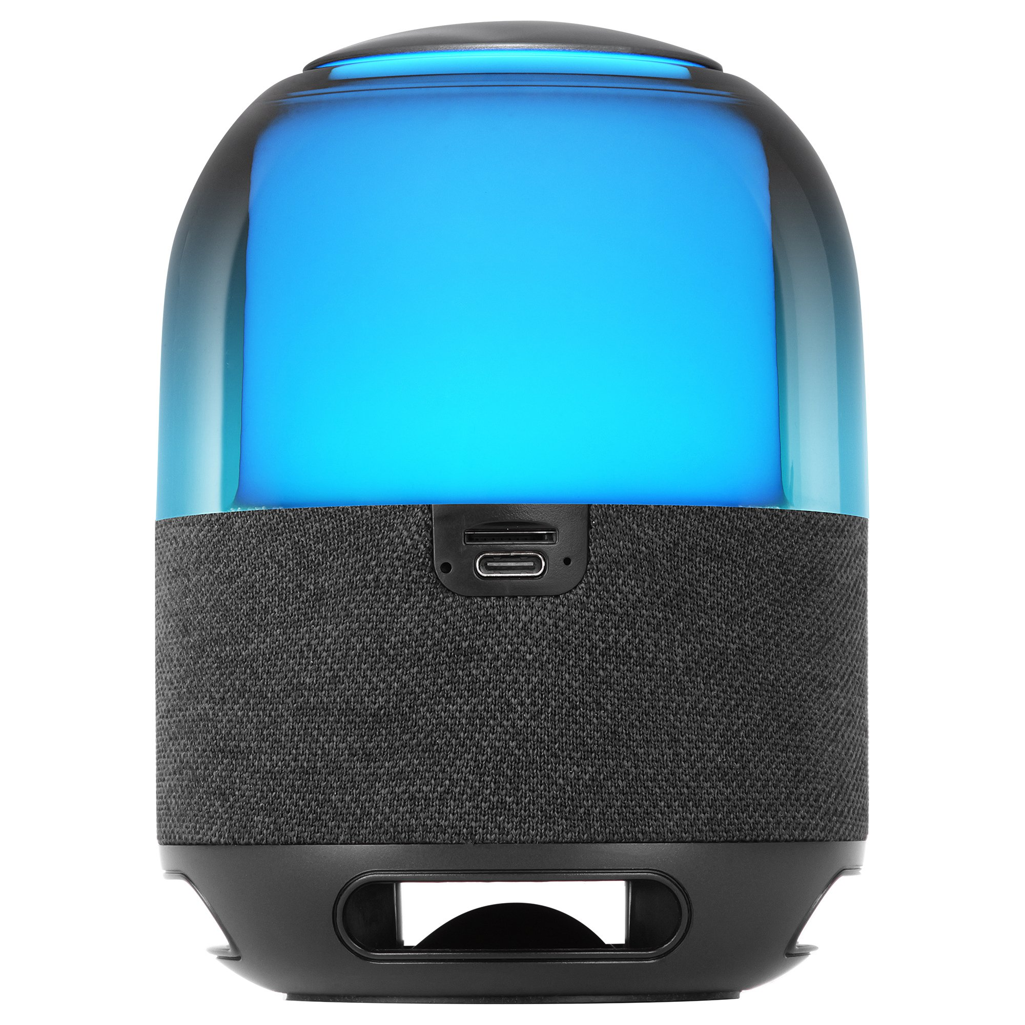 Czarny i szary głośnik z niebieskim światłem na białym tle.