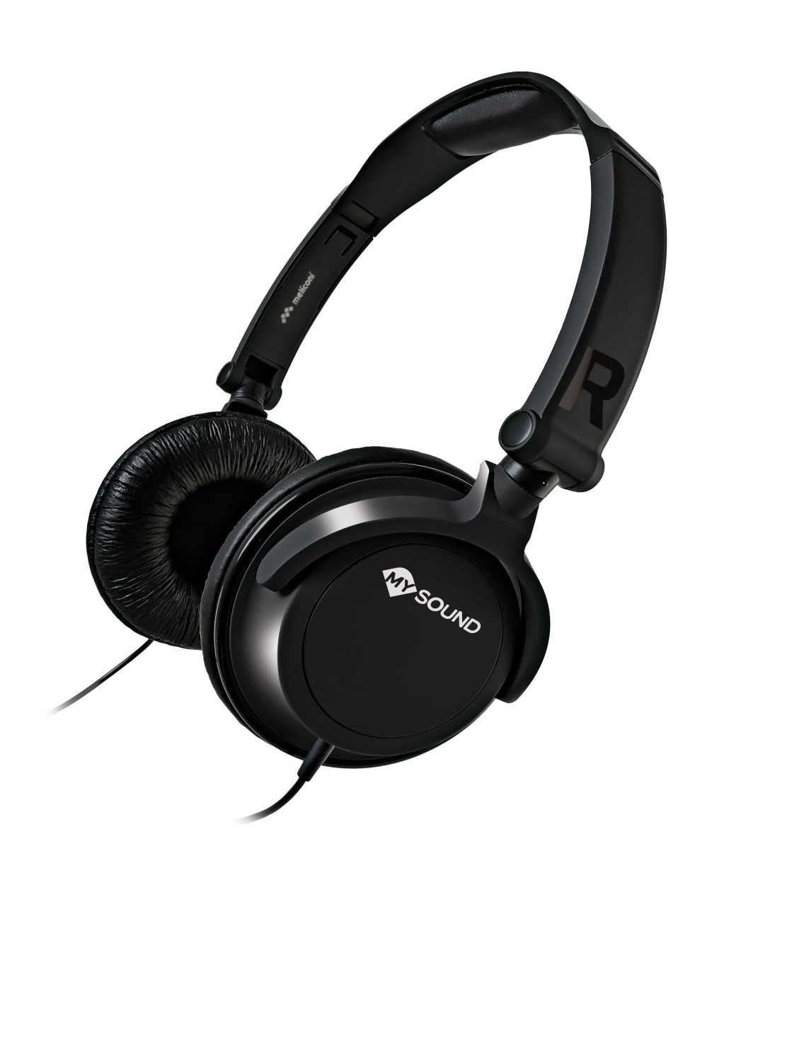 Cuffie nere con il logo MySound, collegate a un cavo nero.