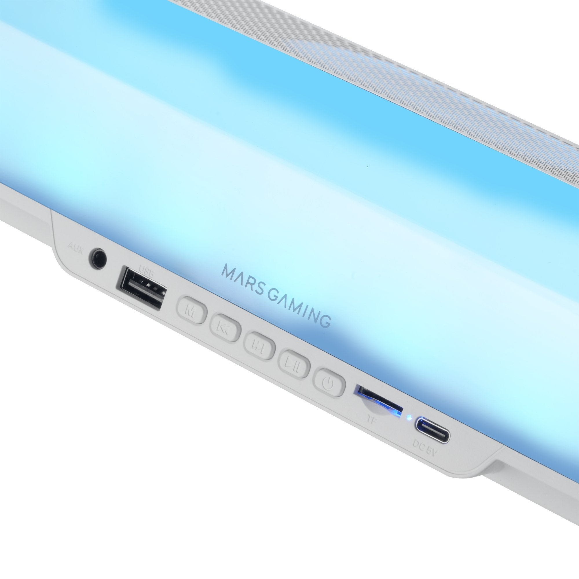 Zbliżenie panelu sterowania urządzenia do gier z przyciskami i portami. Urządzenie wyświetla niebieskie światło.