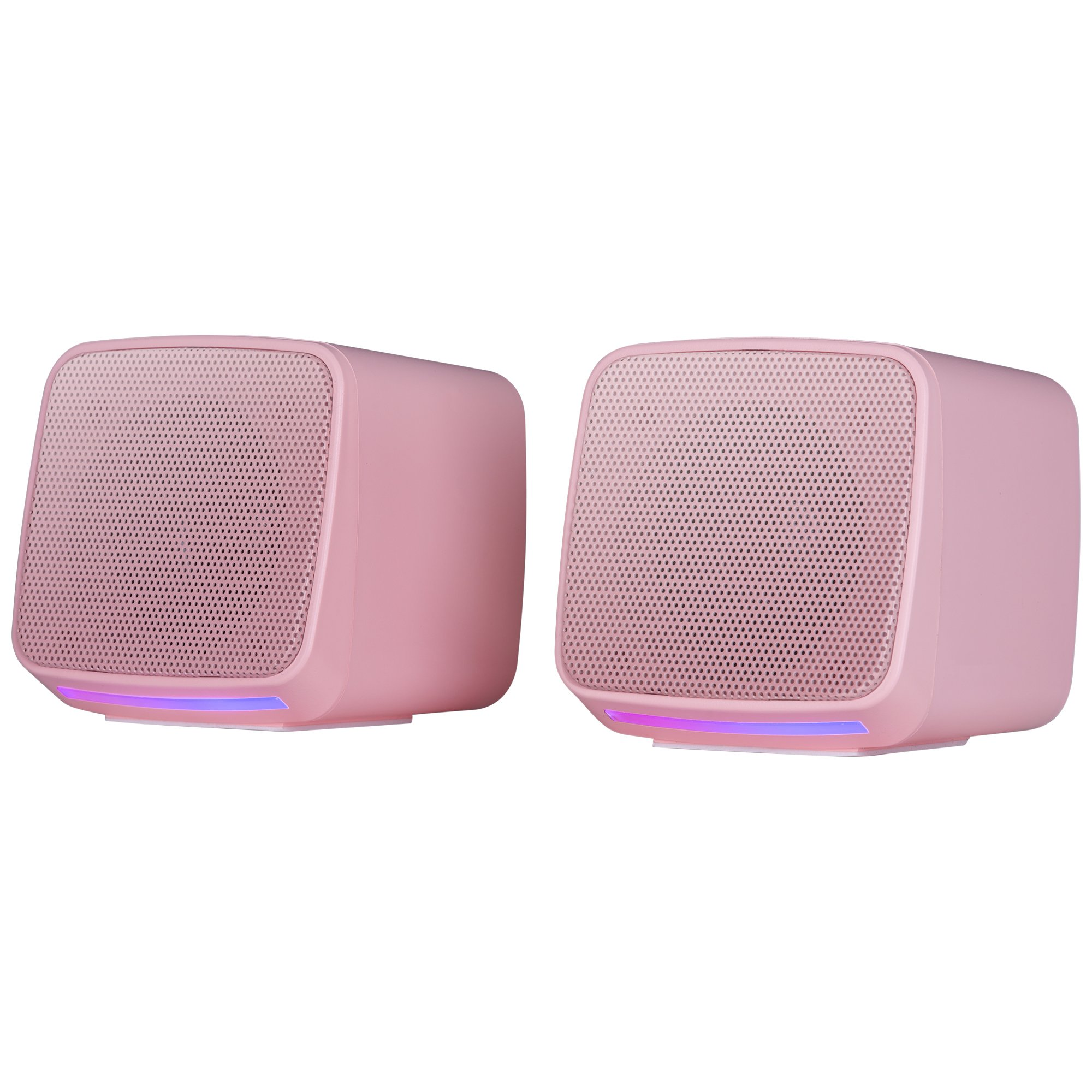 Due altoparlanti rosa con frontali a rete e una barra luminosa inferiore, su sfondo bianco.