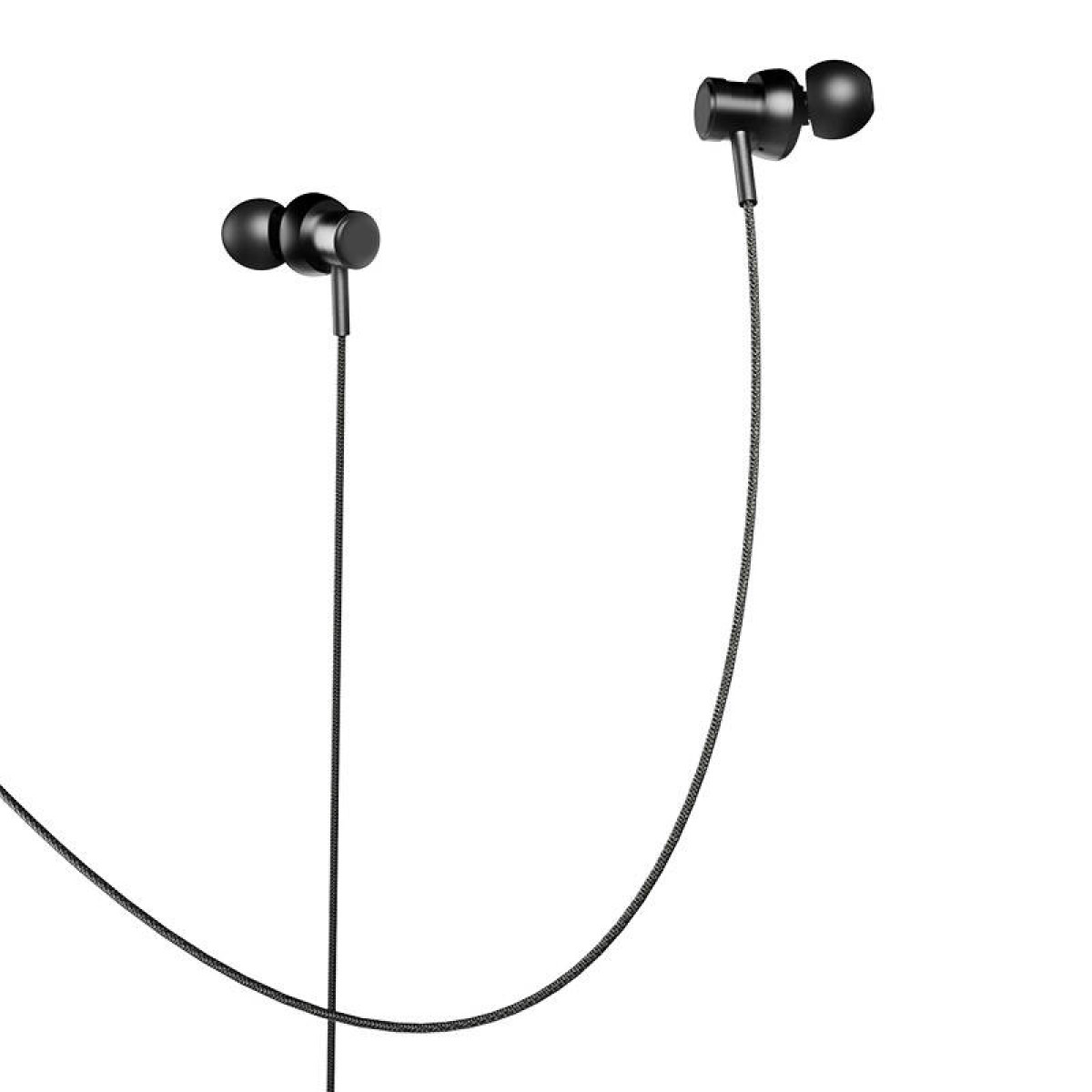 Une paire d'écouteurs intra-auriculaires noirs avec un fil de connexion, isolés sur blanc.