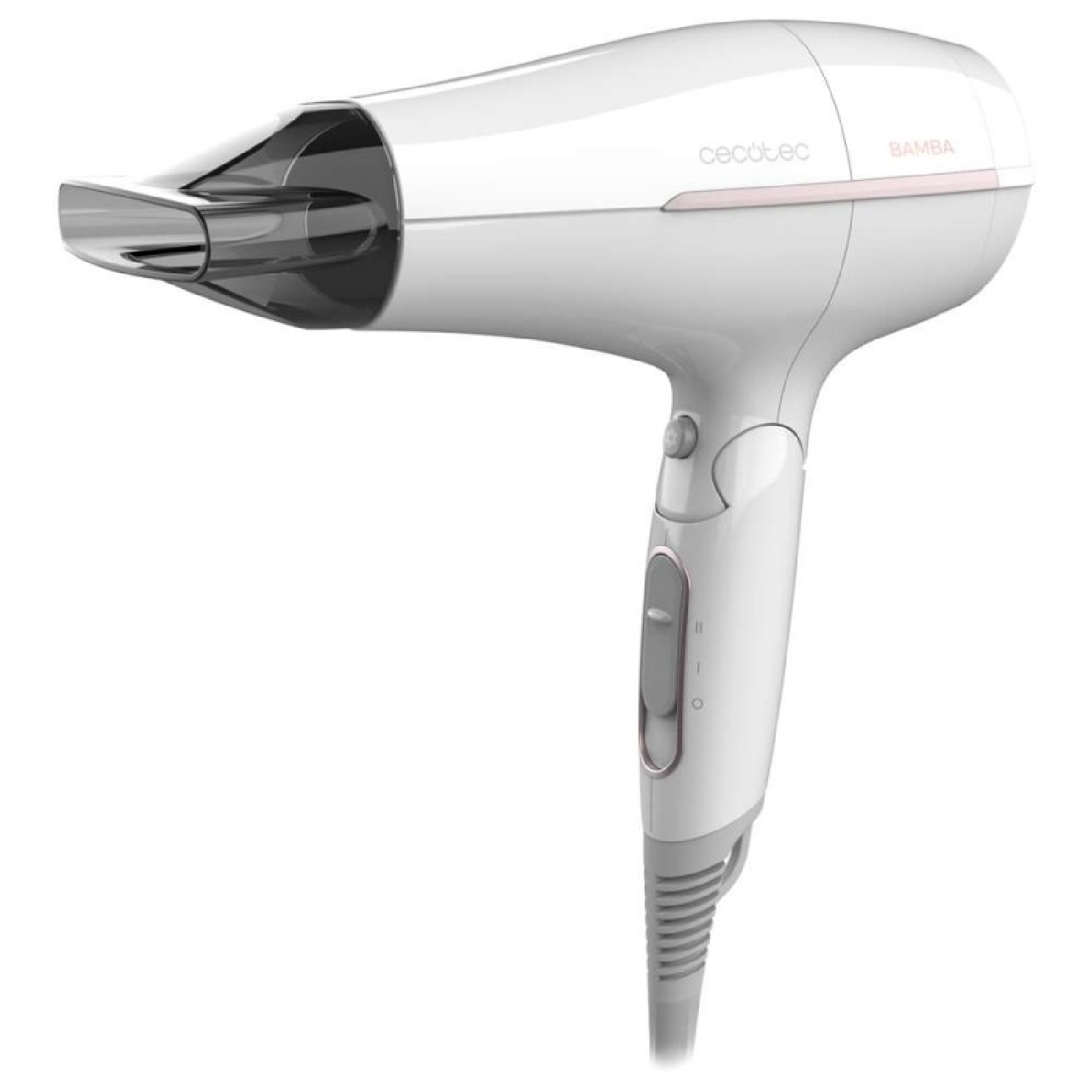 Witte Cecotec-föhn. Het heeft een mondstuk en de merknaam Bamba staat erop.