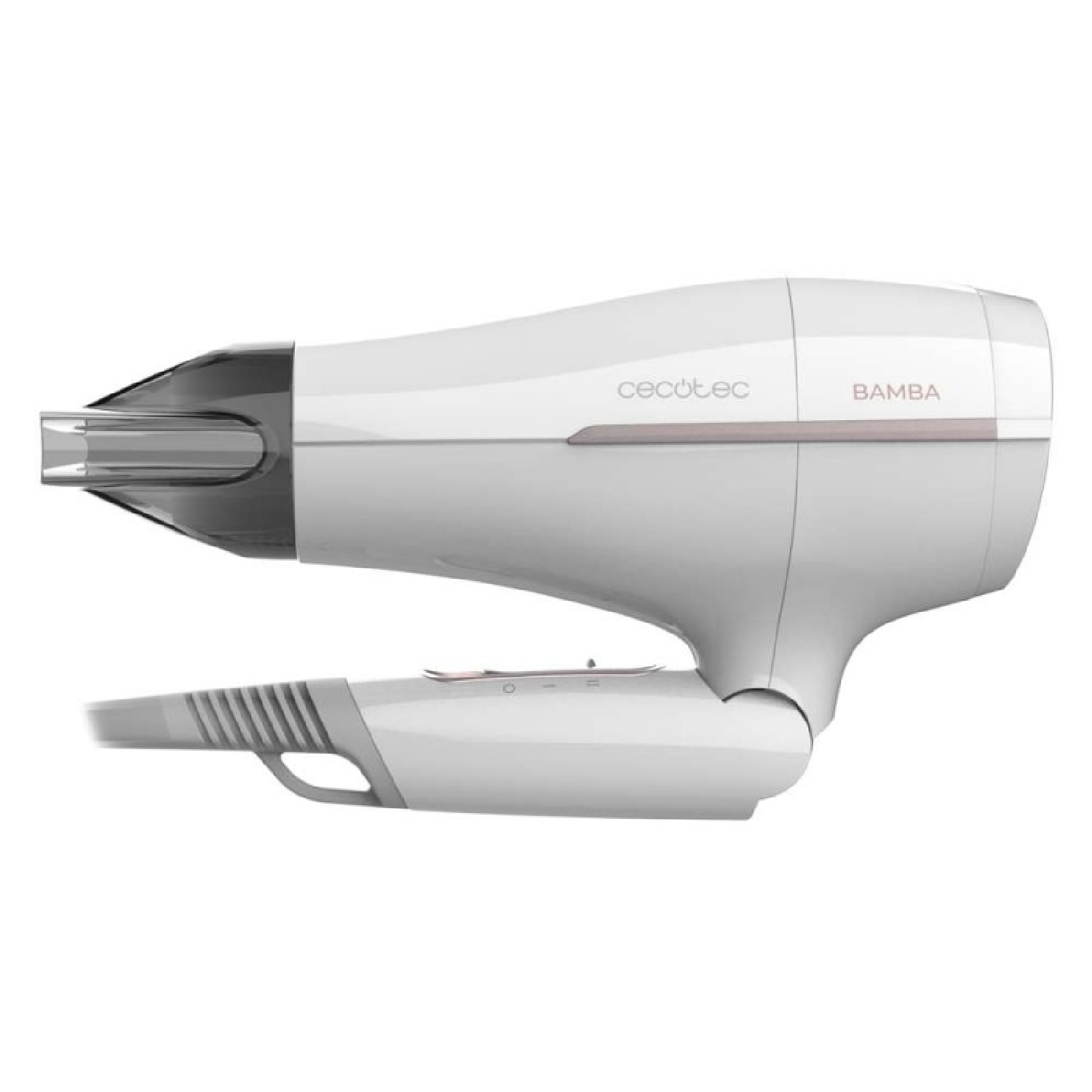 Witte en grijze haardroger met de merknamen 'cecotec' en 'BAMBA' erop.