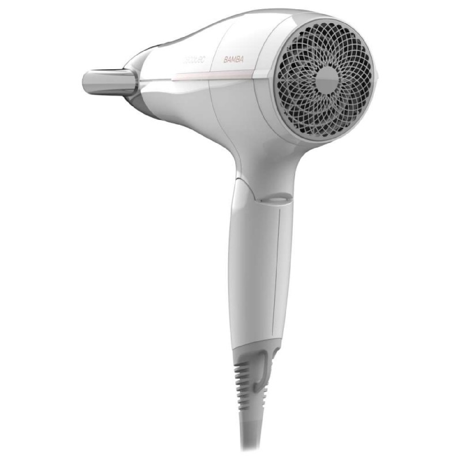 Een witte handföhn met een grijze handgreep en een ronde luchtuitlaat.
