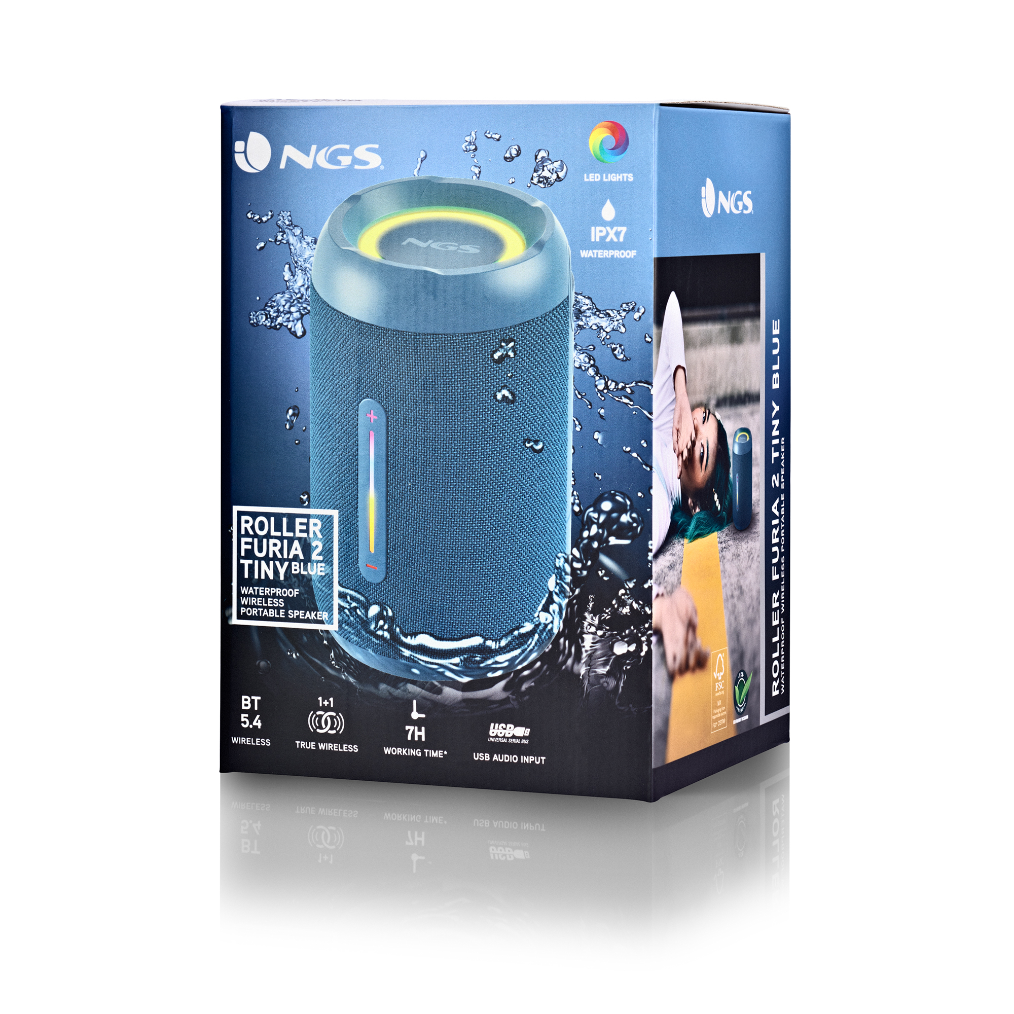 Pudełko głośnika NGS, niebieski głośnik cylindryczny.