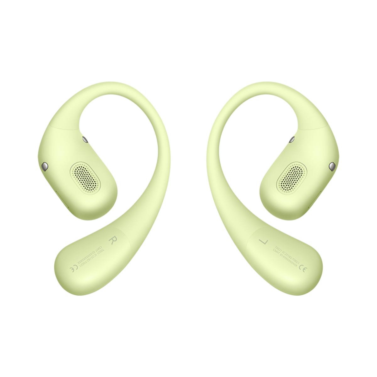 Dwa jasnozielone bezprzewodowe słuchawki douszne. Mają zakrzywioną konstrukcję i eleganckie wykończenie.