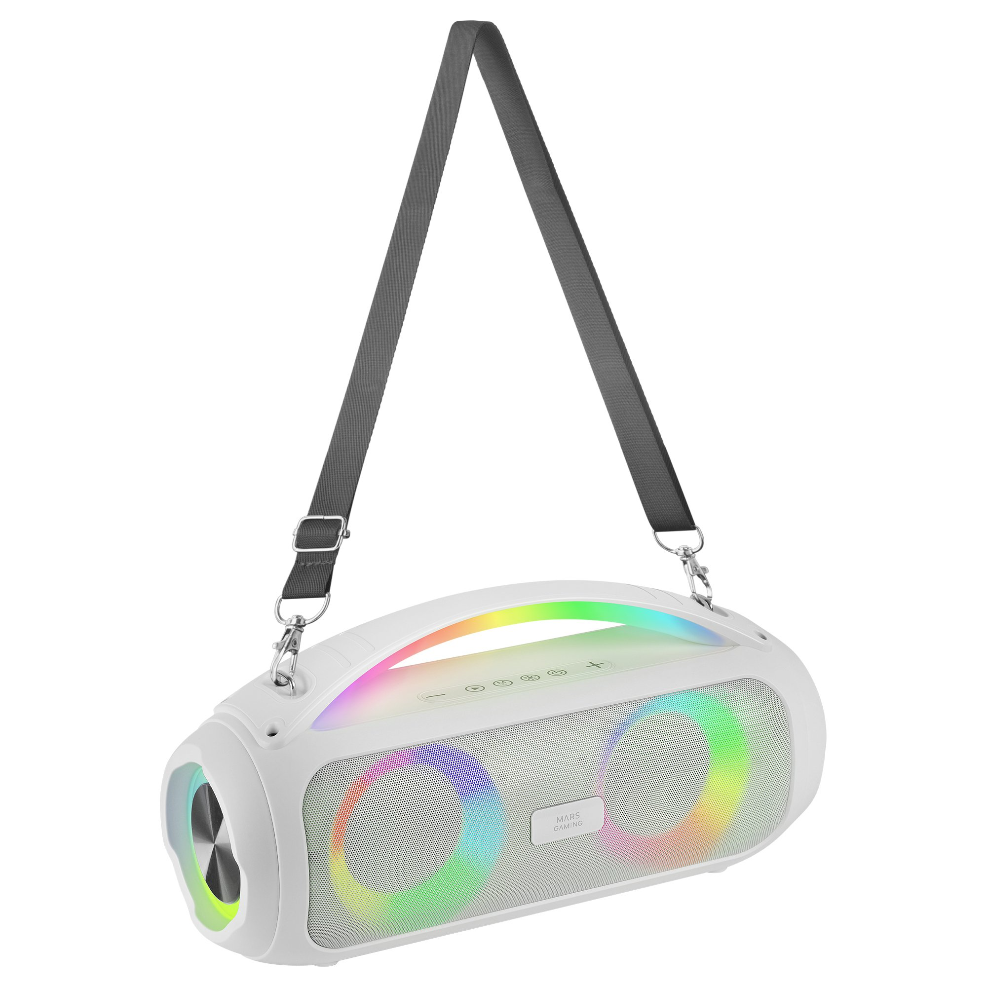 Weißer Mars Gaming-Lautsprecher mit Griff und bunten LED-Leuchten, hängend an einem schwarzen Gurt.