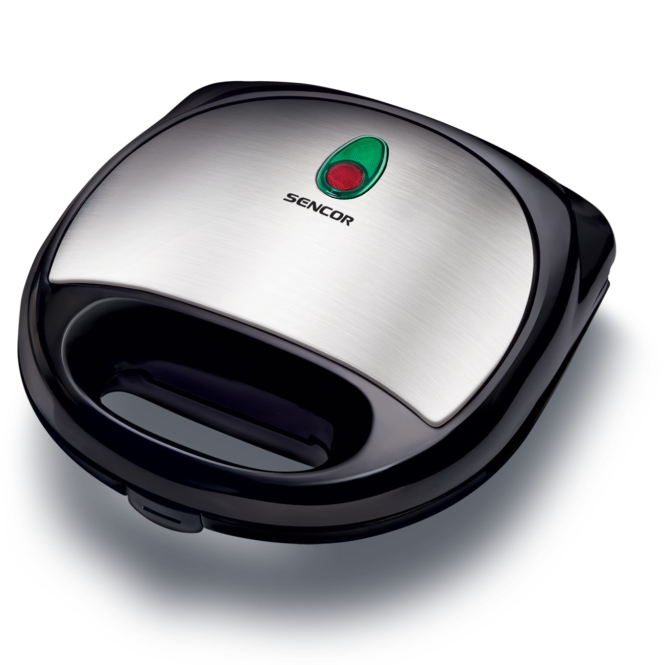 Un sandwich maker nero e argento, con una spia verde di accensione e una spia rossa di pronto.