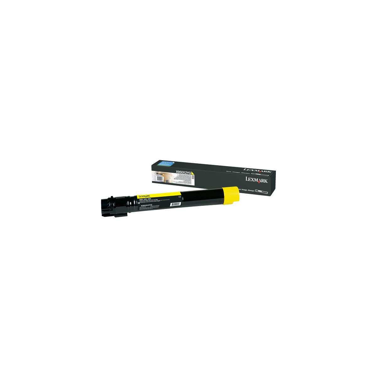Cartuccia toner Lexmark con estremità gialla e corpo nero, con scatola.